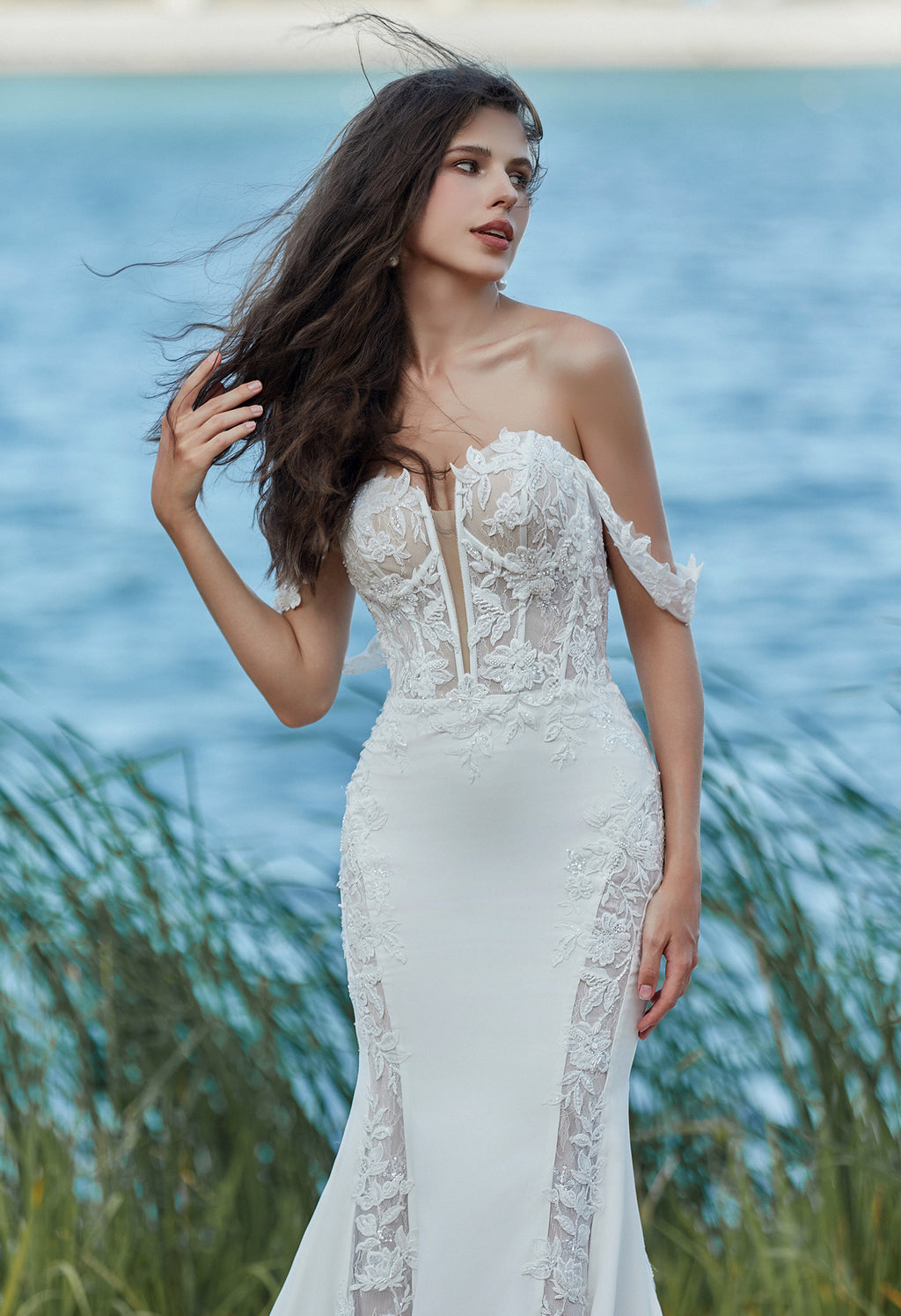 Alluring Off The Shoulder Sleeve Lace Fit-and-Flare Wedding Dress With Open Back CMM2001