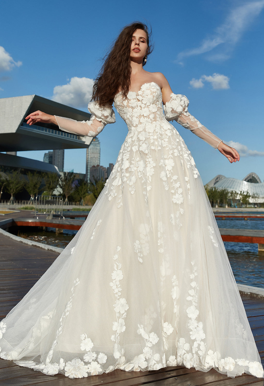 Strapless A-Line Floral Wedding Dress with Detachable sleeves CMM2002