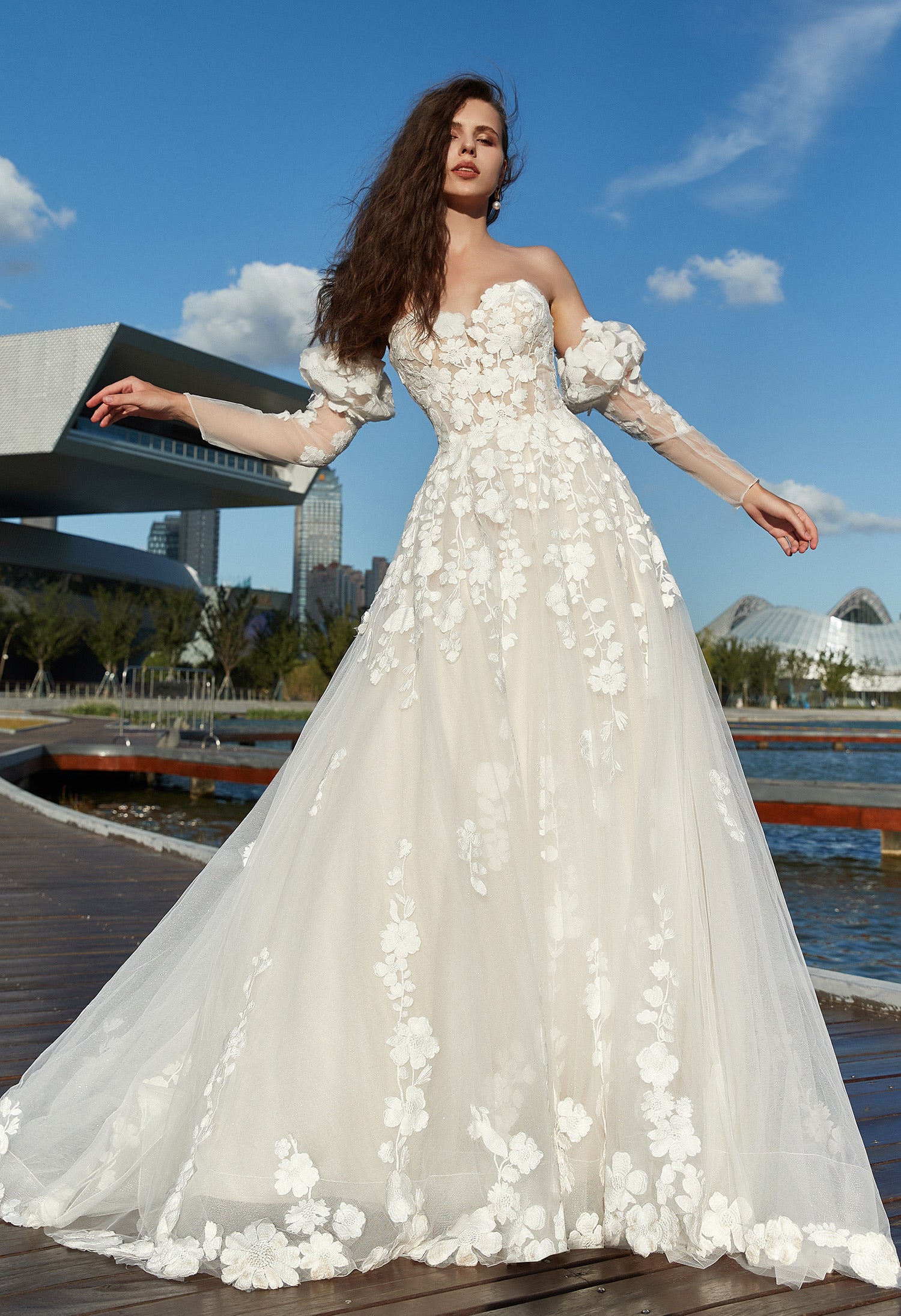 Strapless A-Line Floral Wedding Dress with Detachable sleeves CMM2002
