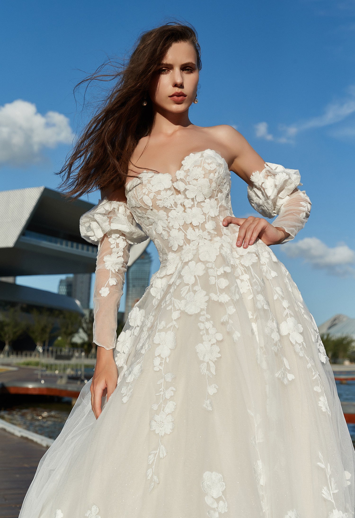 Strapless A-Line Floral Wedding Dress with Detachable sleeves CMM2002
