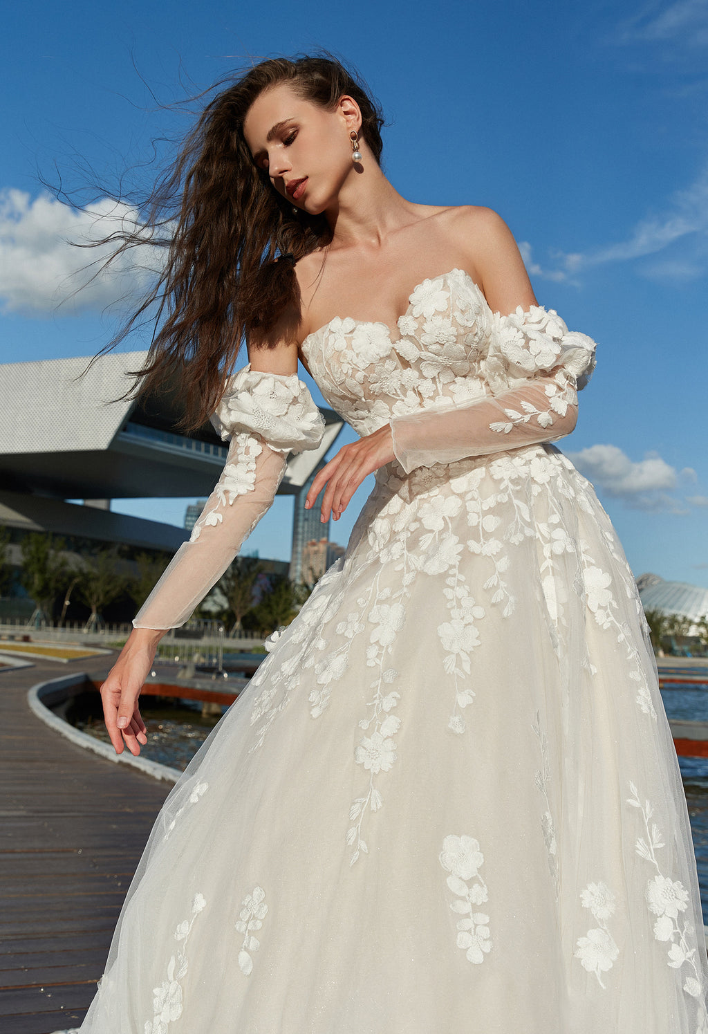 Strapless A-Line Floral Wedding Dress with Detachable sleeves CMM2002