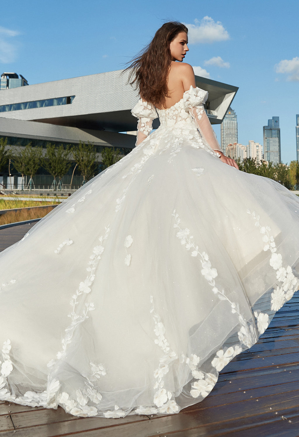 Strapless A-Line Floral Wedding Dress with Detachable sleeves CMM2002