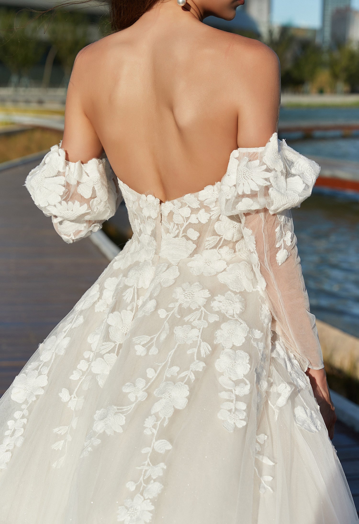 Strapless A-Line Floral Wedding Dress with Detachable sleeves CMM2002