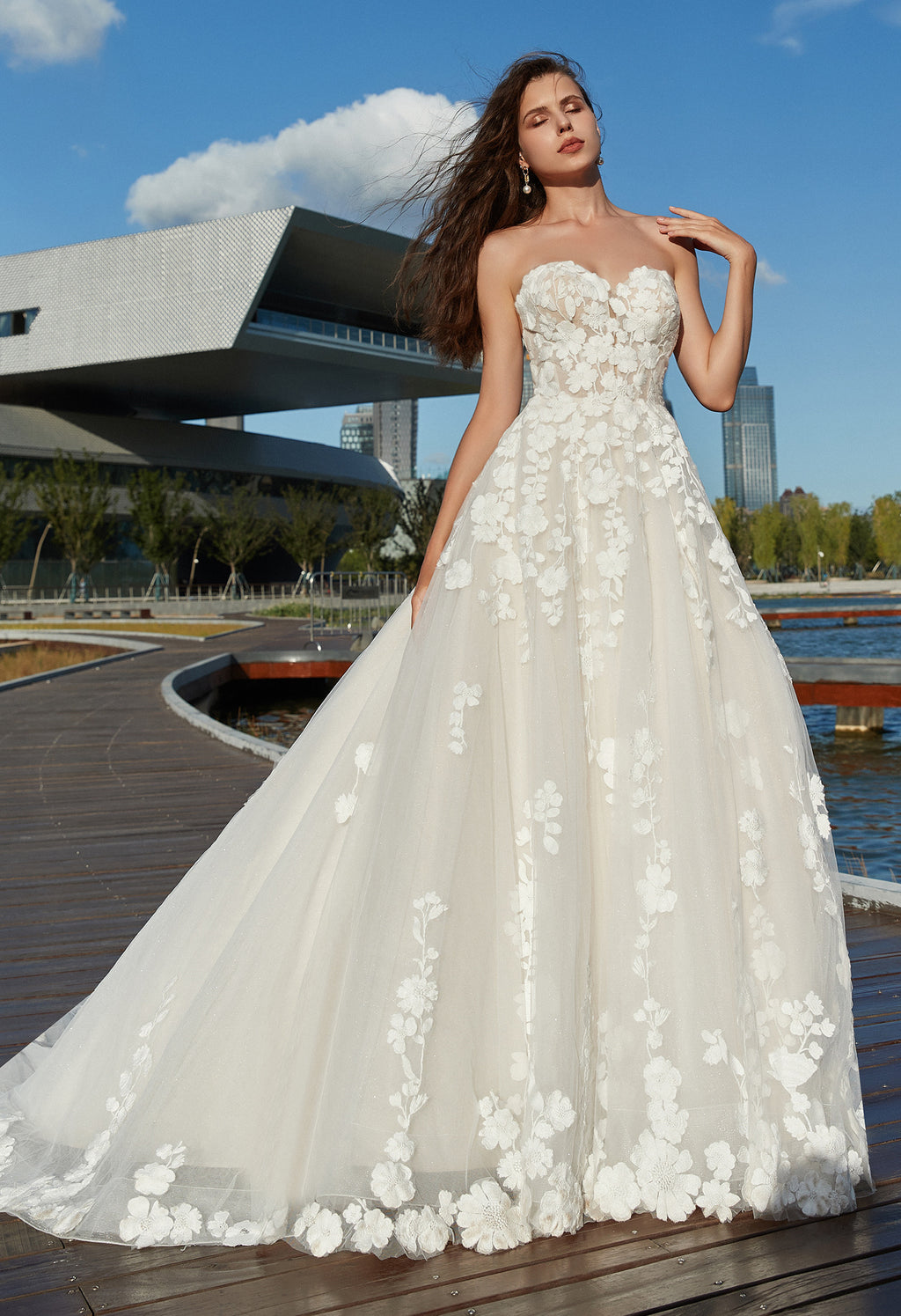 Strapless A-Line Floral Wedding Dress with Detachable sleeves CMM2002