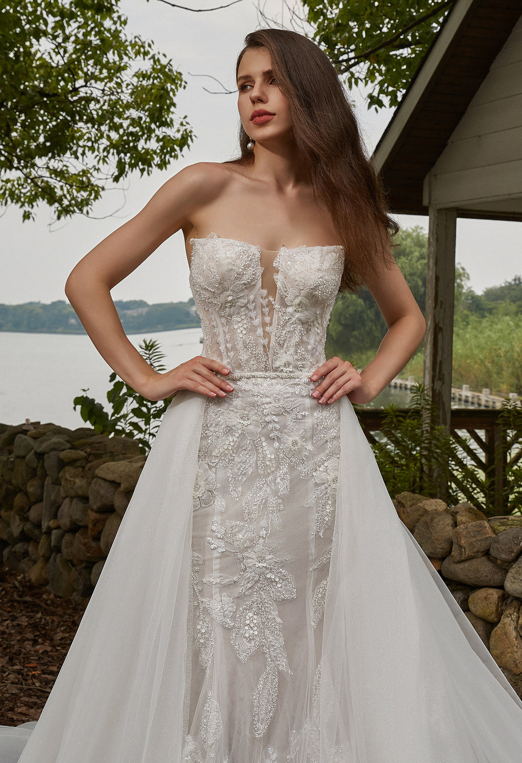 Beaded Sequins Lace And Detachable Overskirt Wedding Dress CMM2003