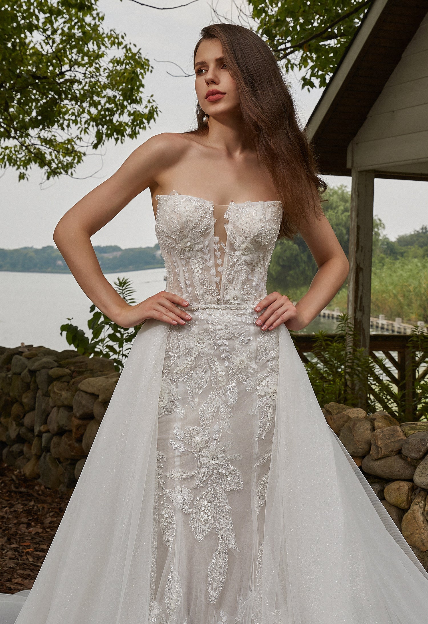Beaded Sequins Lace And Detachable Overskirt Wedding Dress CMM2003