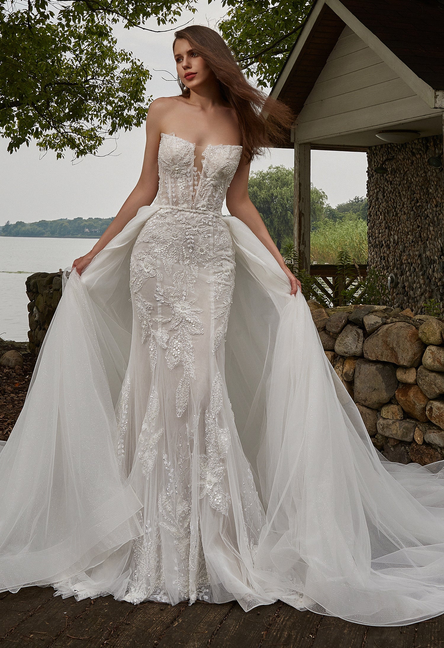 Beaded Sequins Lace And Detachable Overskirt Wedding Dress CMM2003