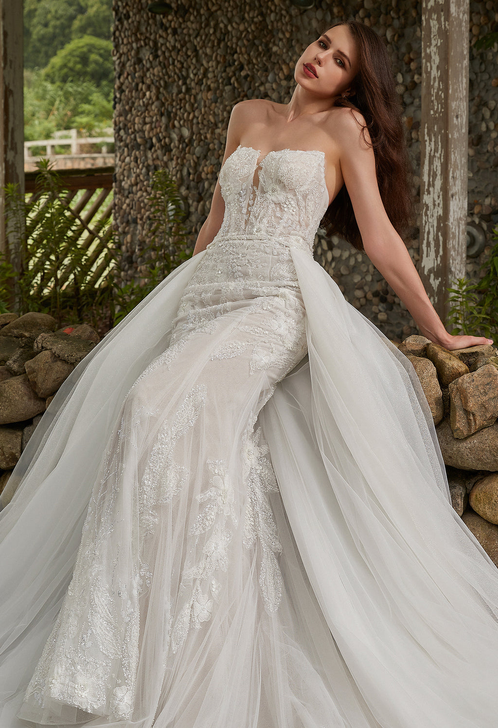 Beaded Sequins Lace And Detachable Overskirt Wedding Dress CMM2003