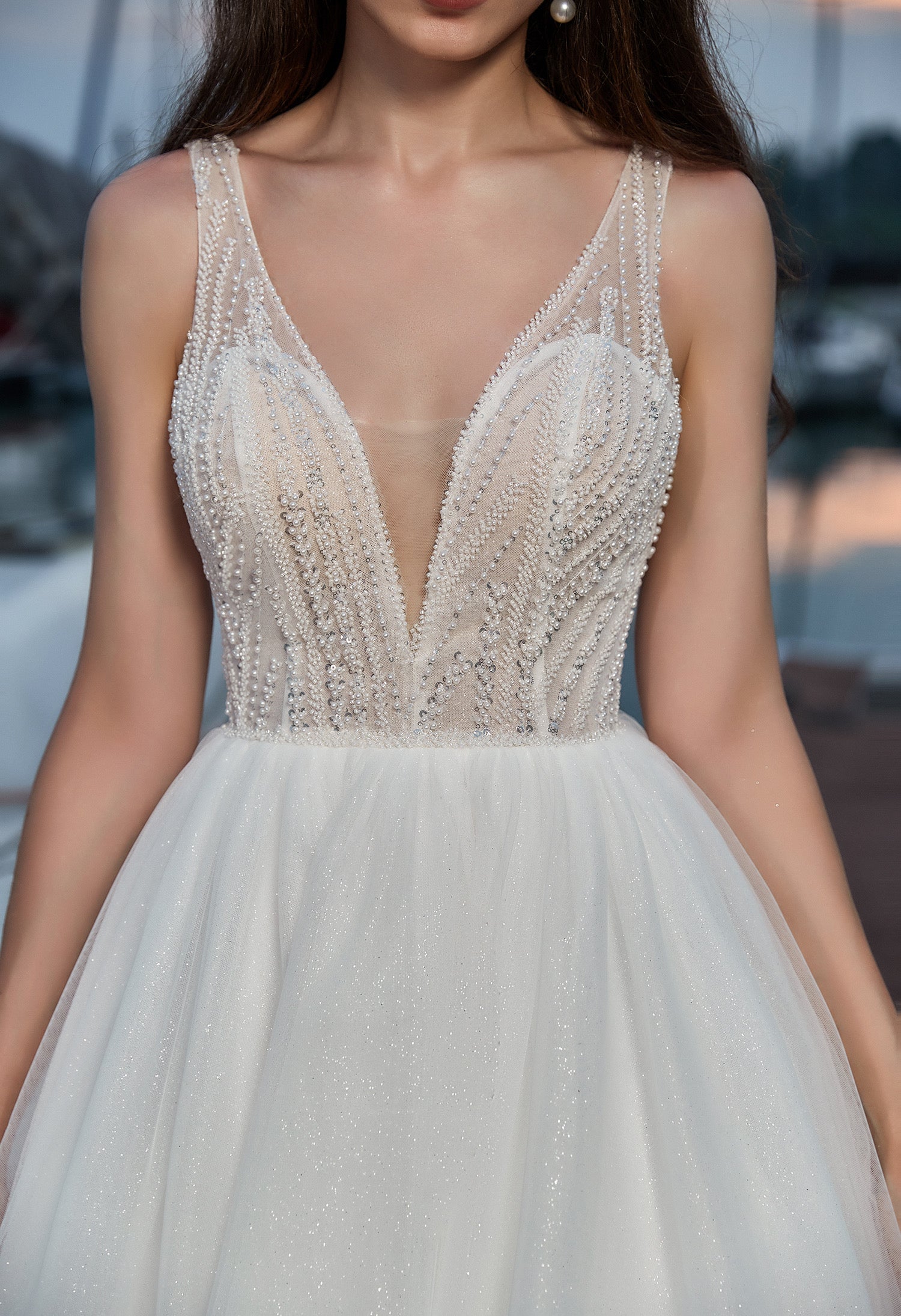 Modern Sparkly Glitter Tulle A-line Wedding Dress with V-neckline CMM2019