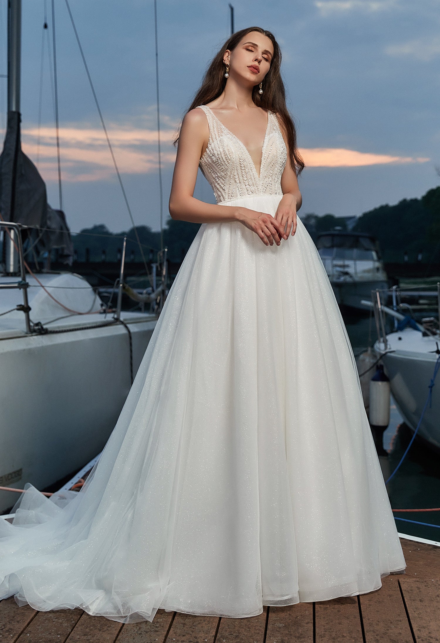 Modern Sparkly Glitter Tulle A-line Wedding Dress with V-neckline CMM2019