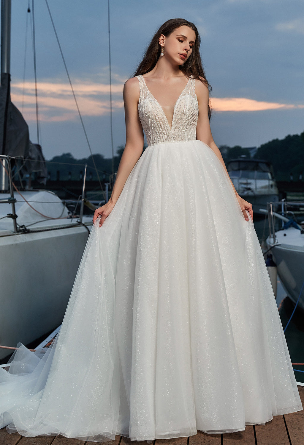 Modern Sparkly Glitter Tulle A-line Wedding Dress with V-neckline CMM2019
