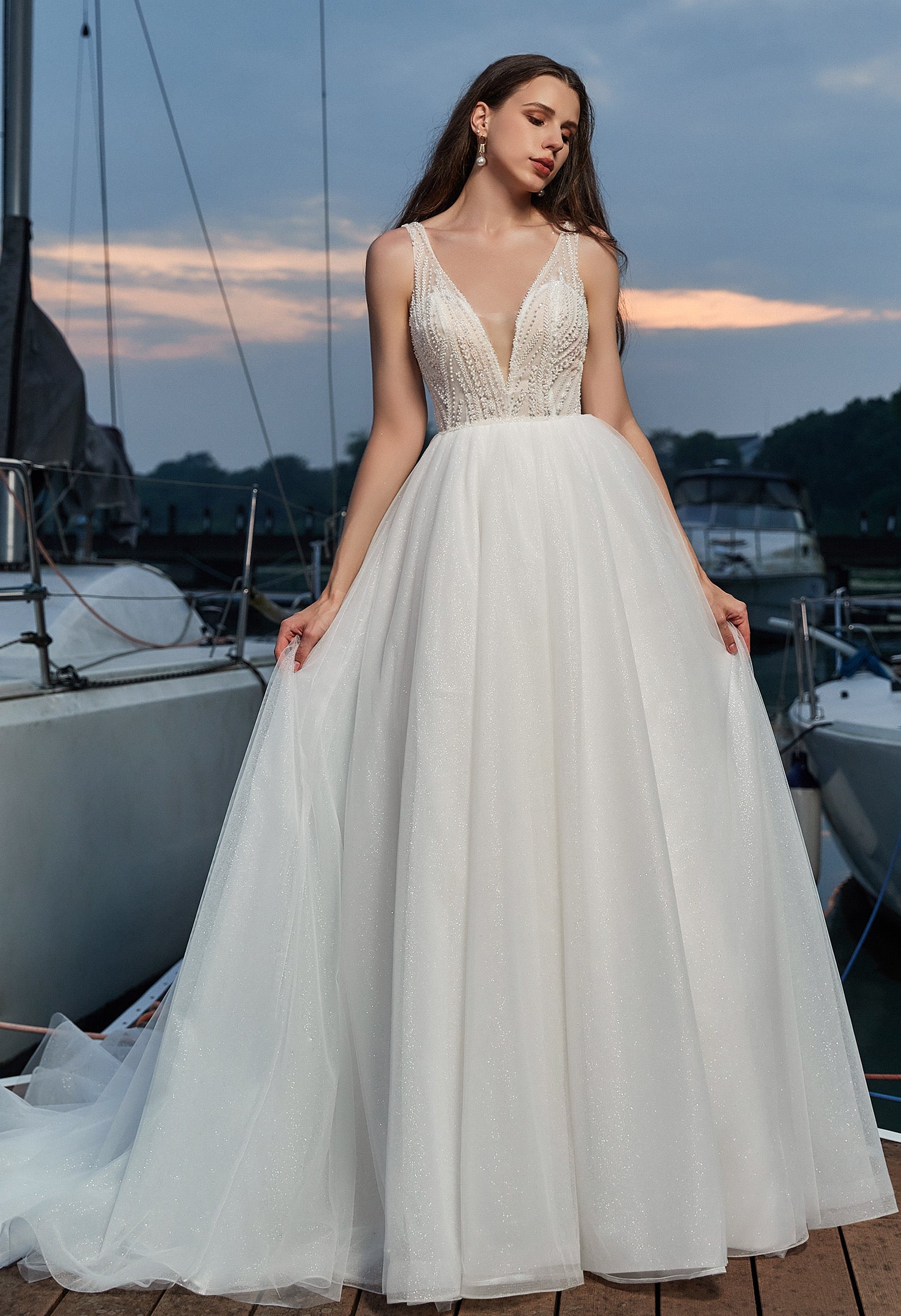 Modern Sparkly Glitter Tulle A-line Wedding Dress with V-neckline CMM2019