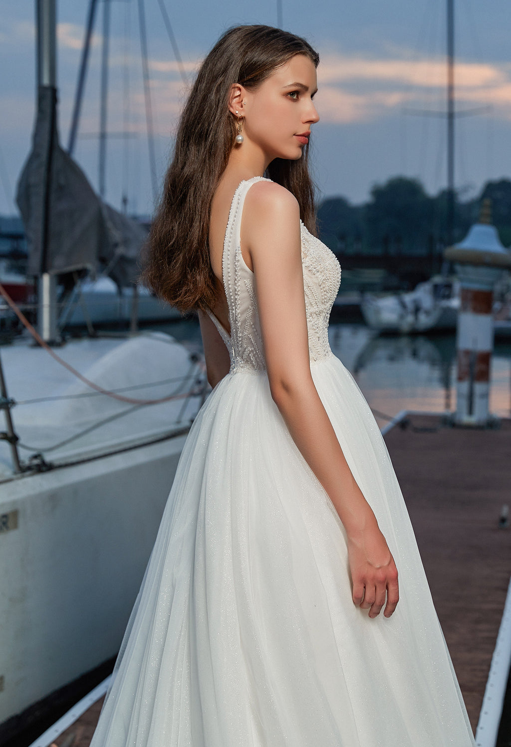 Modern Sparkly Glitter Tulle A-line Wedding Dress with V-neckline CMM2019