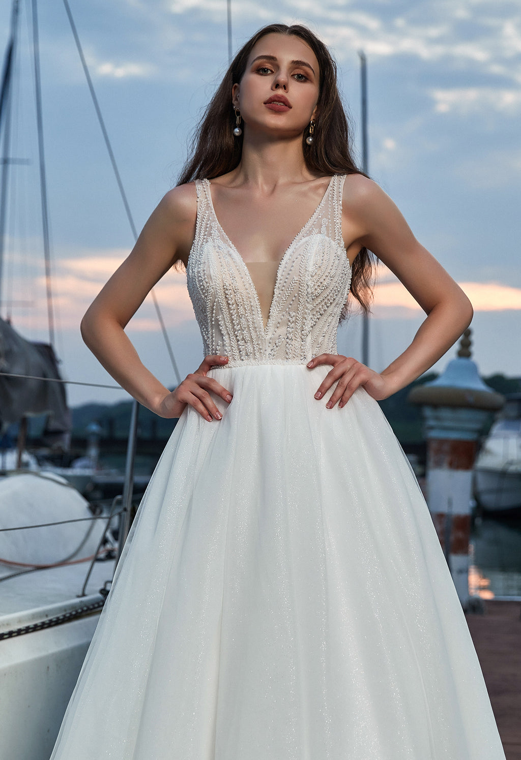 Modern Sparkly Glitter Tulle A-line Wedding Dress with V-neckline CMM2019