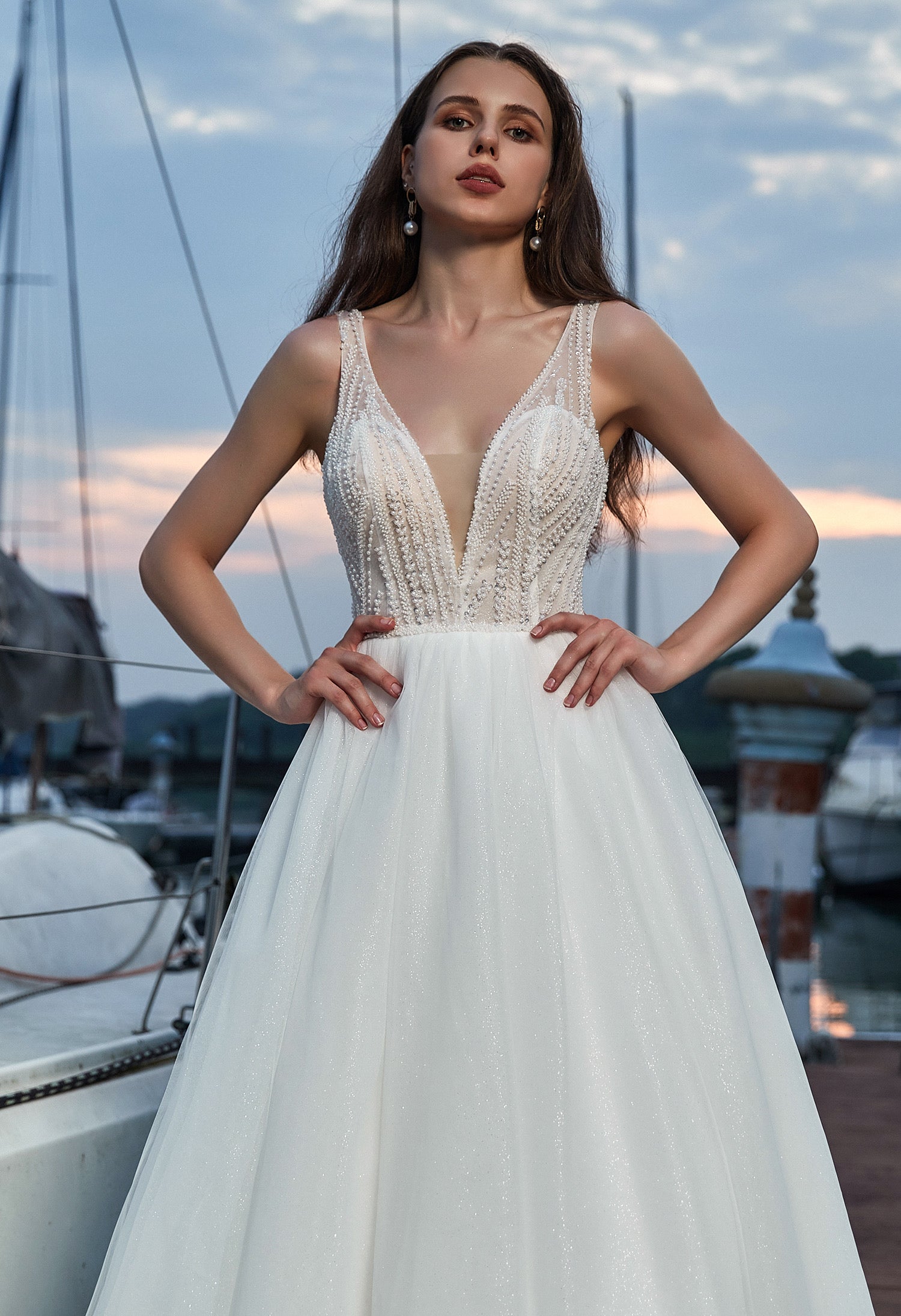 Modern Sparkly Glitter Tulle A-line Wedding Dress with V-neckline CMM2019