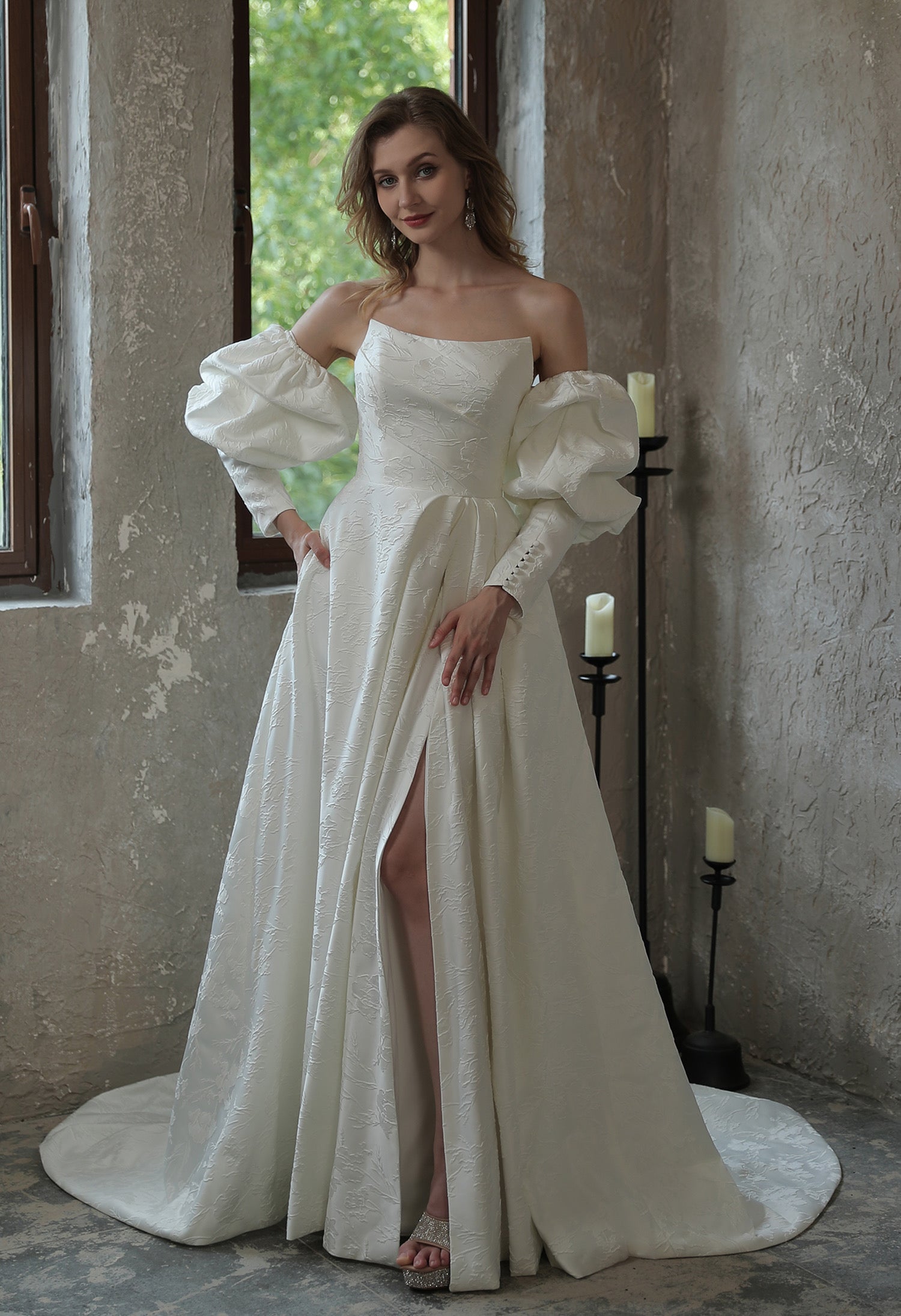 Scoop Neckline Brocade Satin Pockets Ballgown Wedding Dress CMM2005