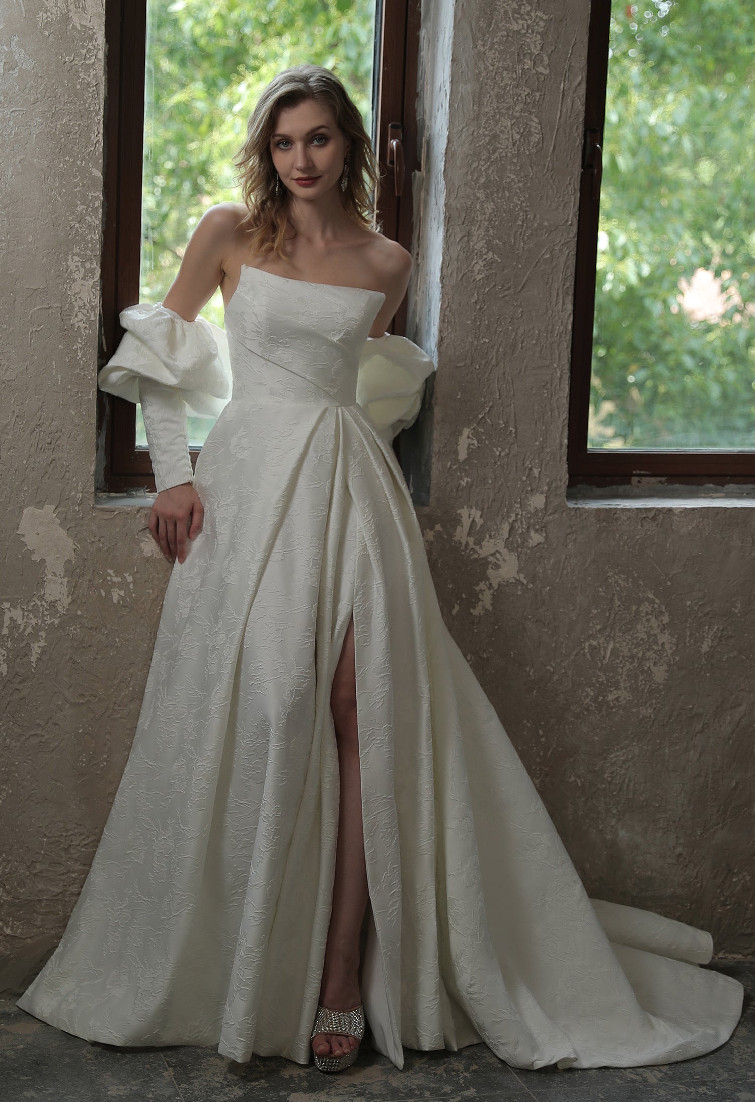 Scoop Neckline Brocade Satin Pockets Ballgown Wedding Dress CMM2005