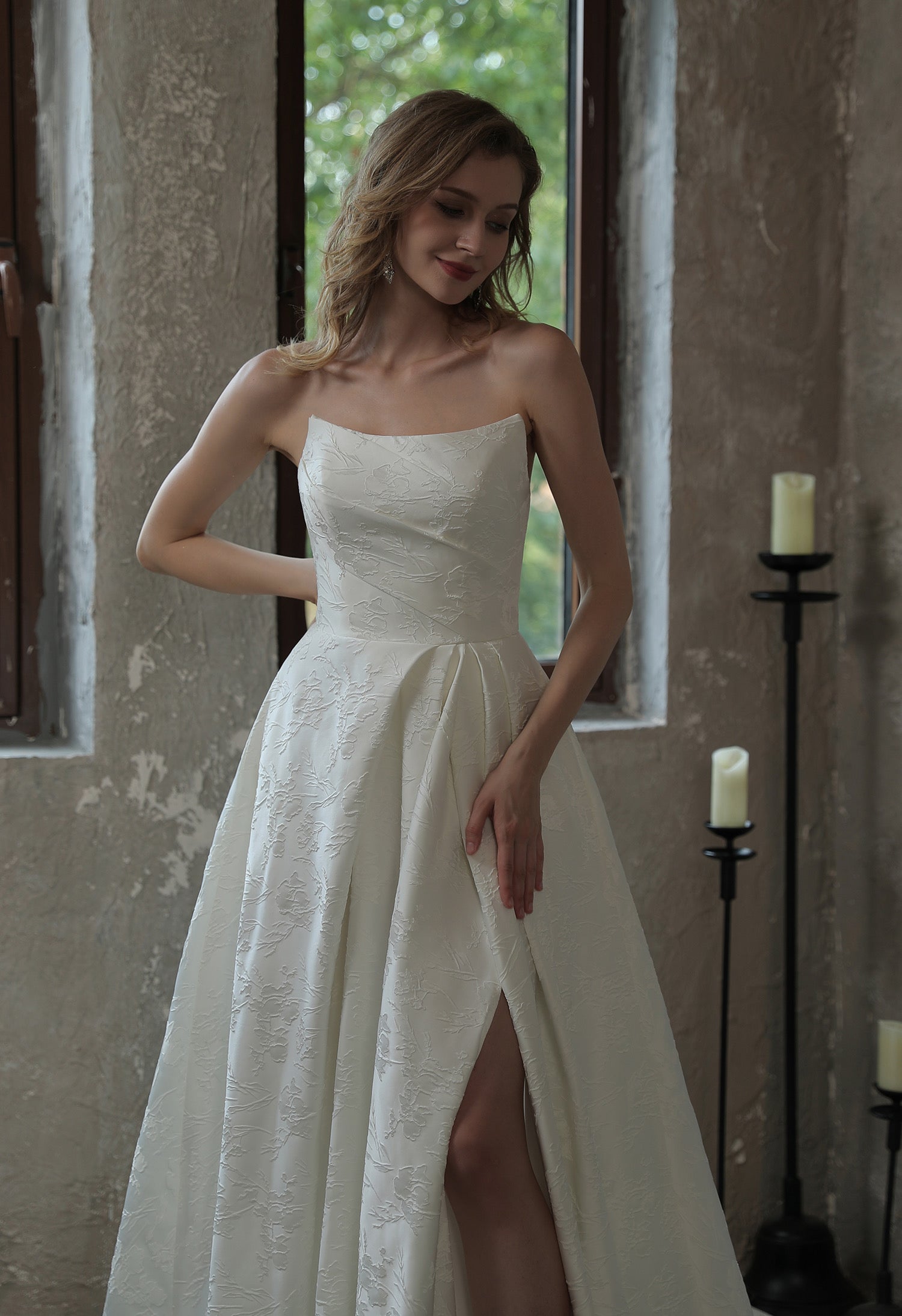 Scoop Neckline Brocade Satin Pockets Ballgown Wedding Dress CMM2005
