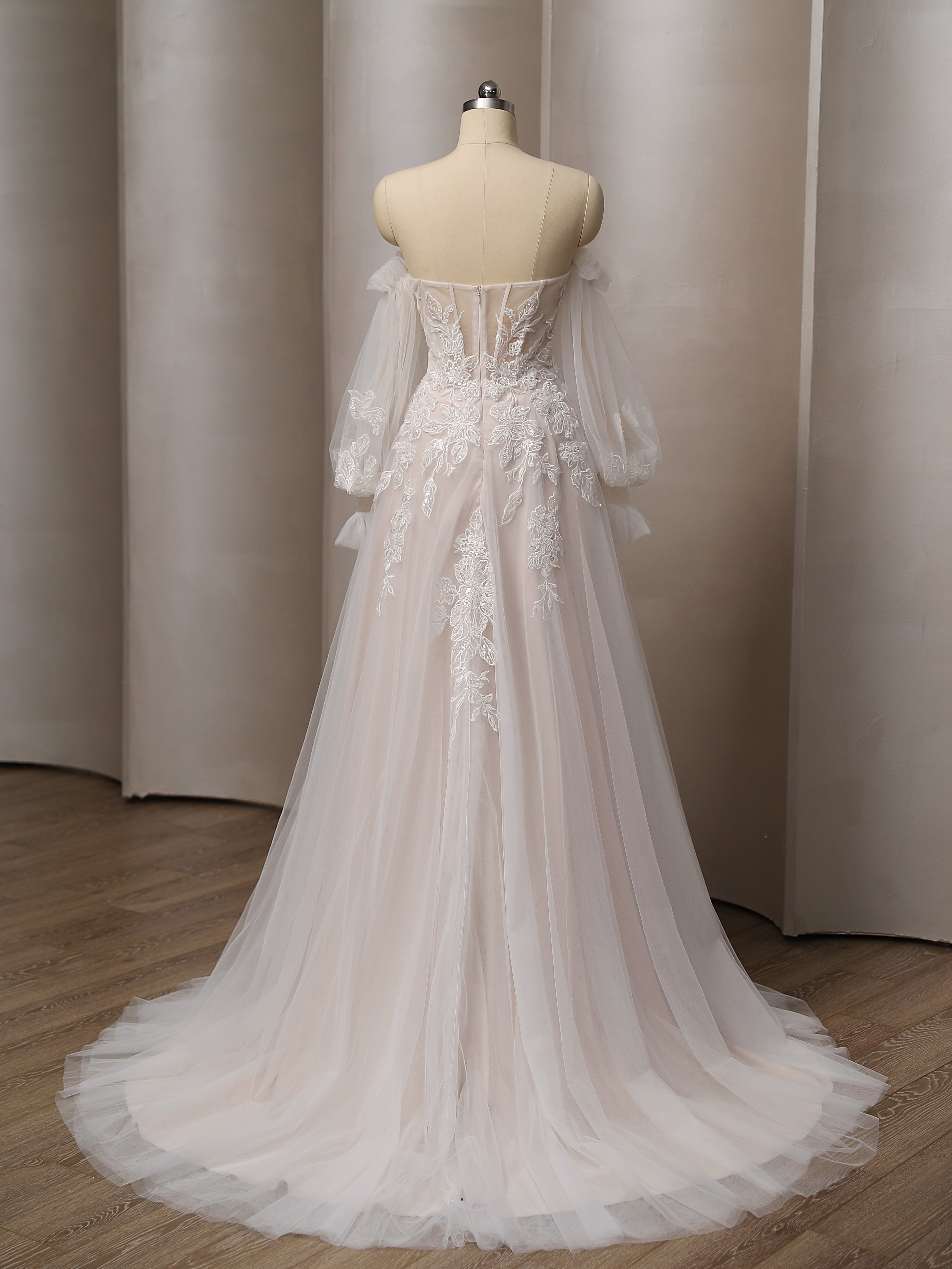 Romantic Detachable Sleeves Wedding Dress with Floral Accents CMM2027