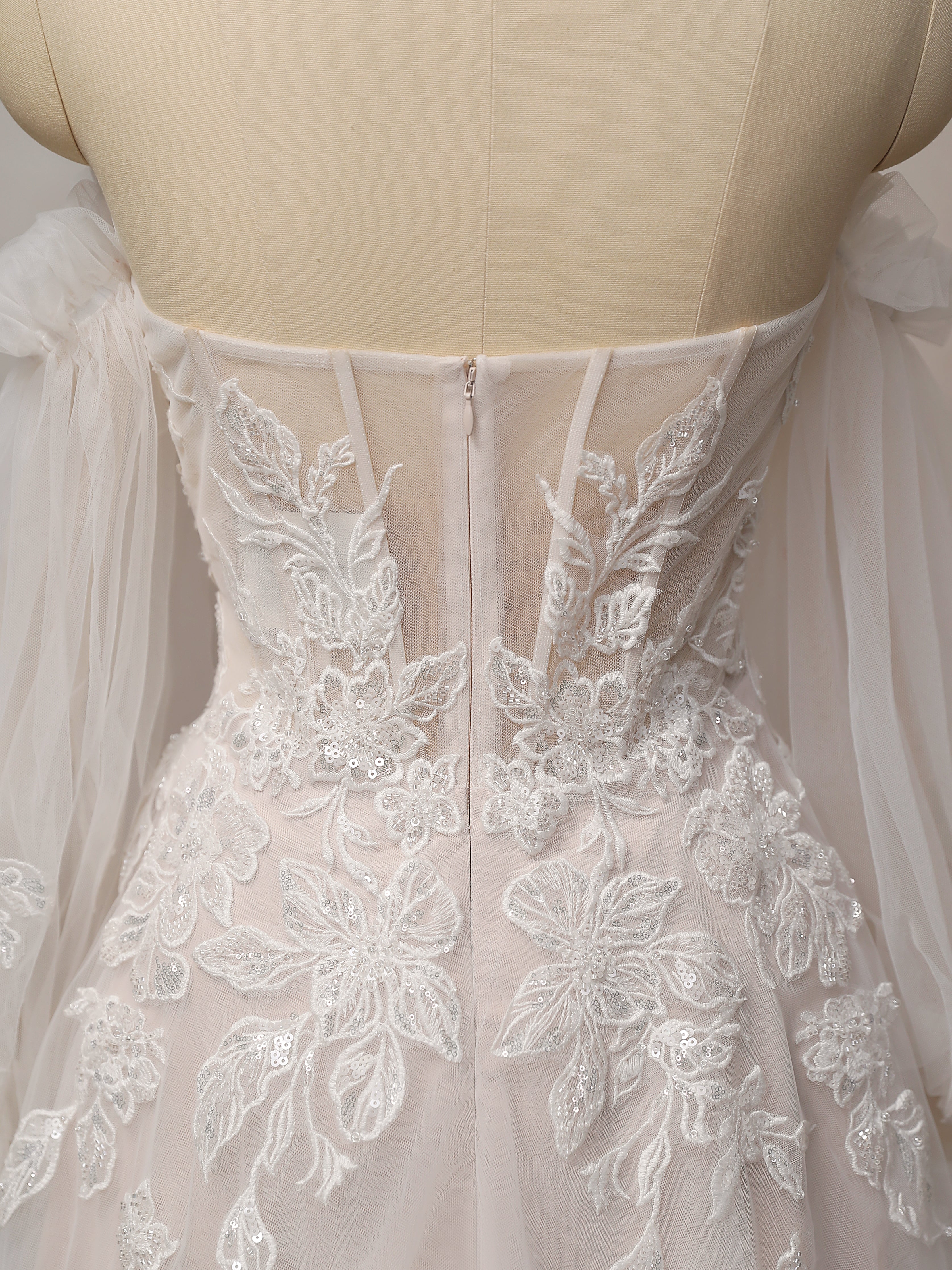 Romantic Detachable Sleeves Wedding Dress with Floral Accents CMM2027