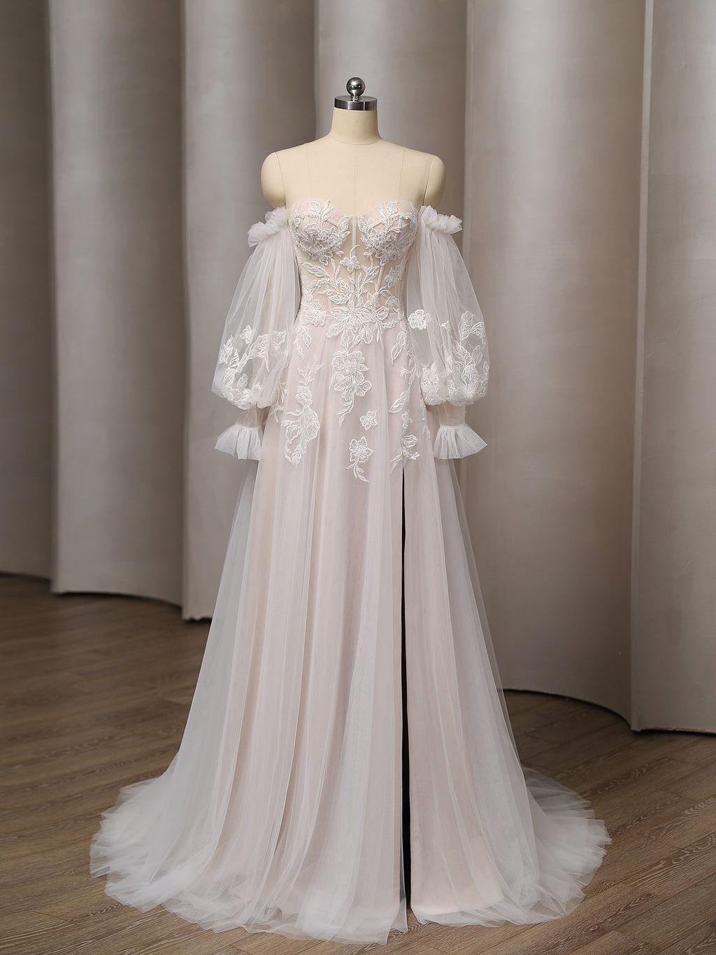 Romantic Detachable Sleeves Wedding Dress with Floral Accents CMM2027