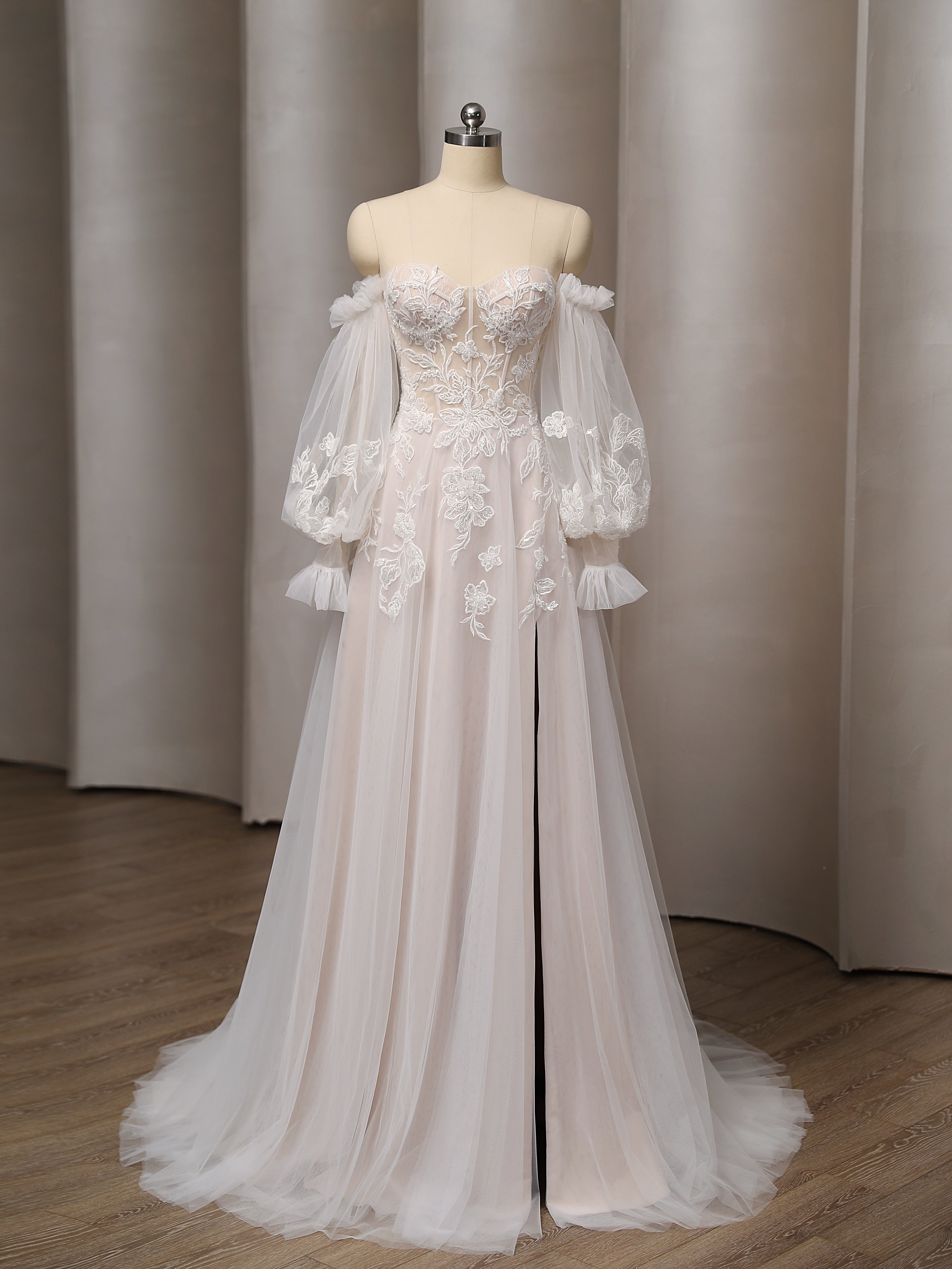 Romantic Detachable Sleeves Wedding Dress with Floral Accents CMM2027