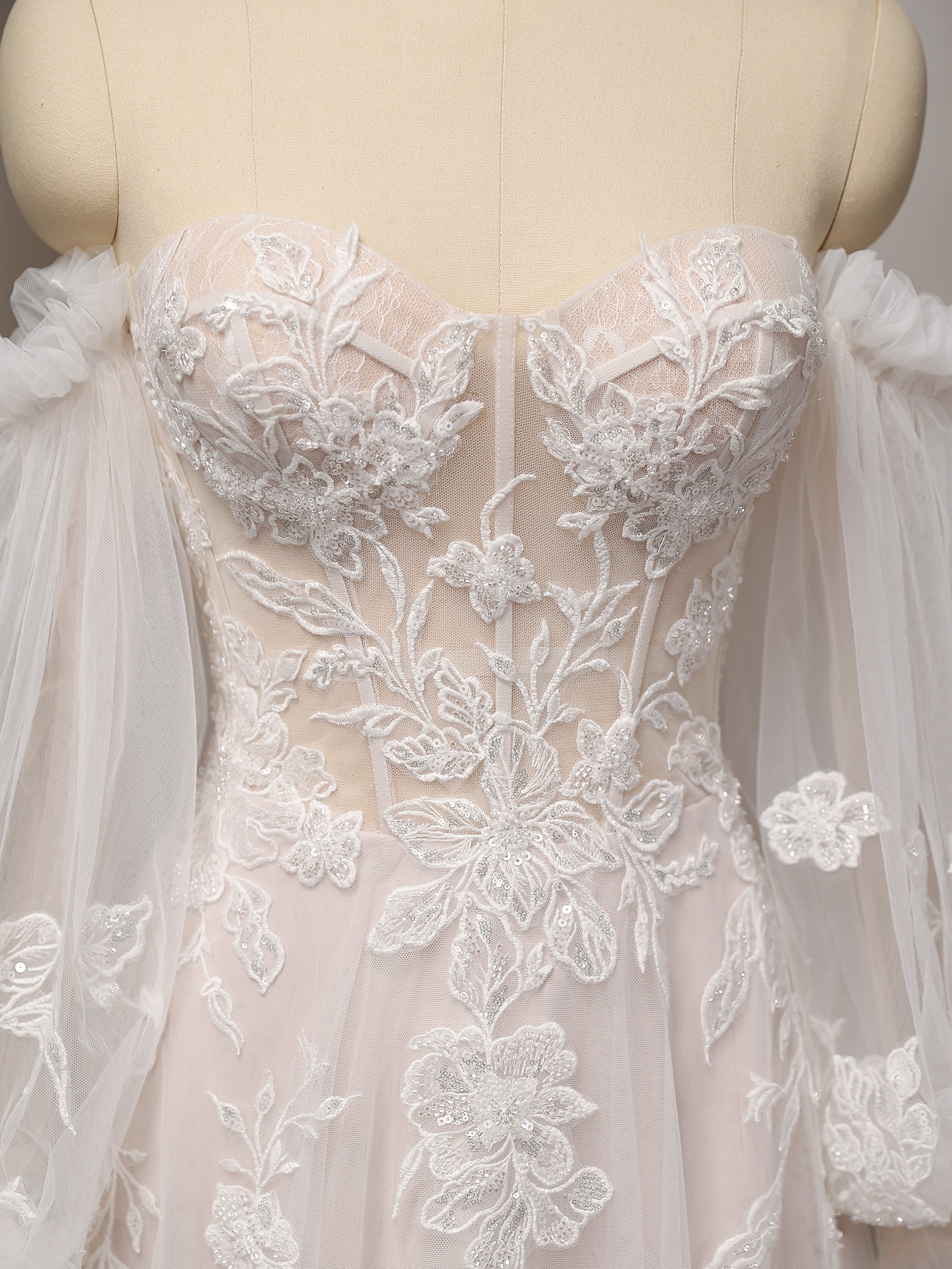 Romantic Detachable Sleeves Wedding Dress with Floral Accents CMM2027