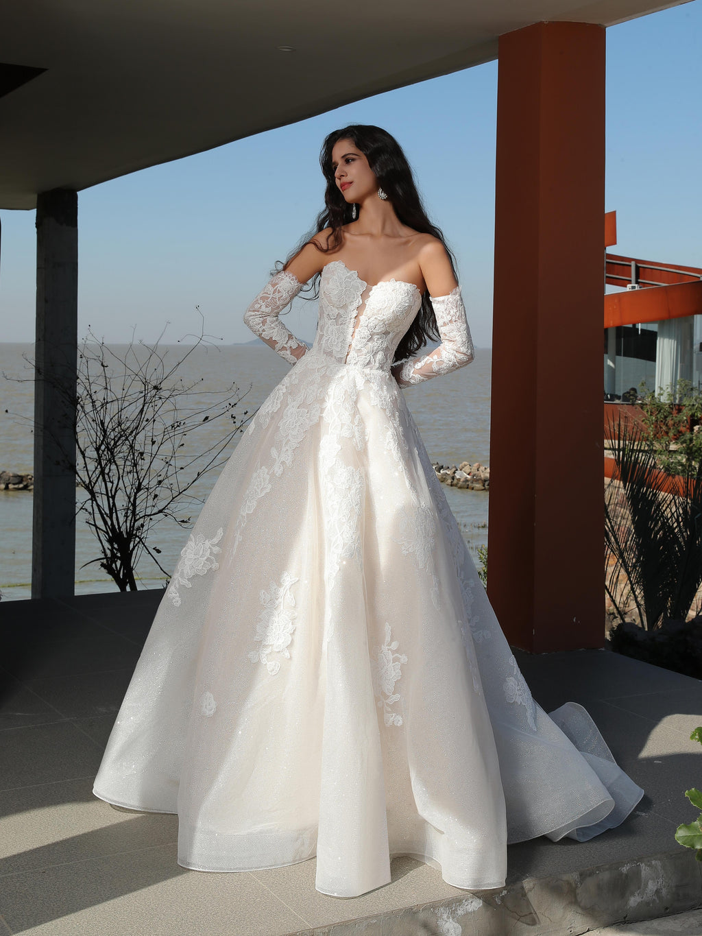 Regal Strapless A-Line Floral Wedding Dress With Luxurious Lace Sleeves CMM2026