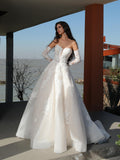 Regal Strapless A-Line Floral Wedding Dress With Luxurious Lace Sleeves CMM2026