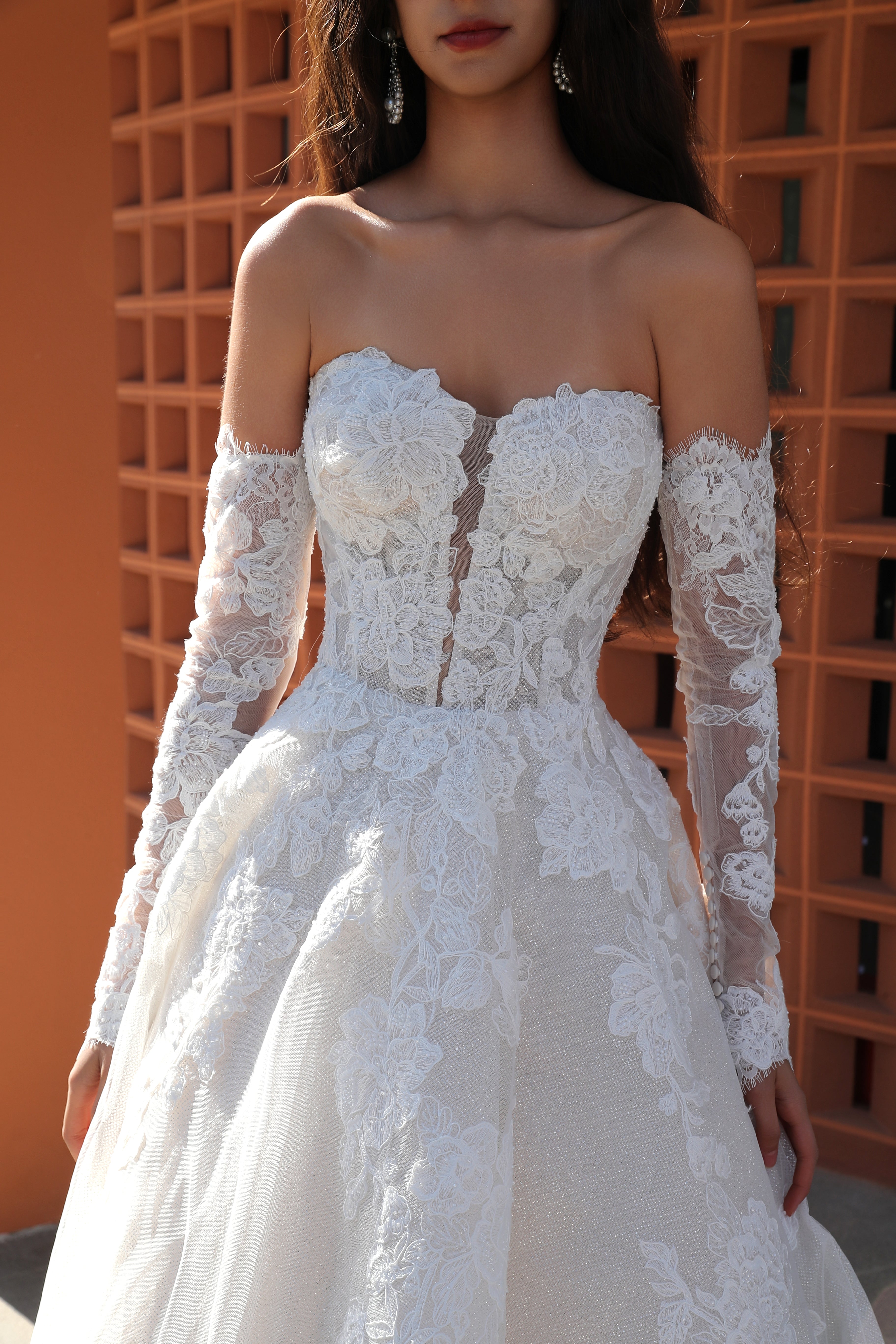 Regal Strapless A-Line Floral Wedding Dress With Luxurious Lace Sleeves CMM2026