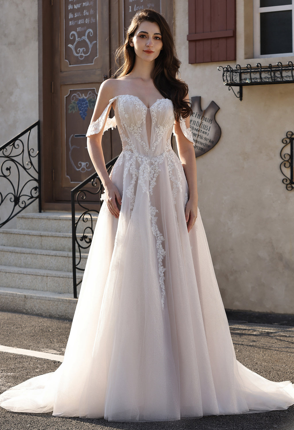 Romantic Off-the-Shoulder Sheer Lace Glitter Tulle Bridal Gown with Thigh Slit MMH2007