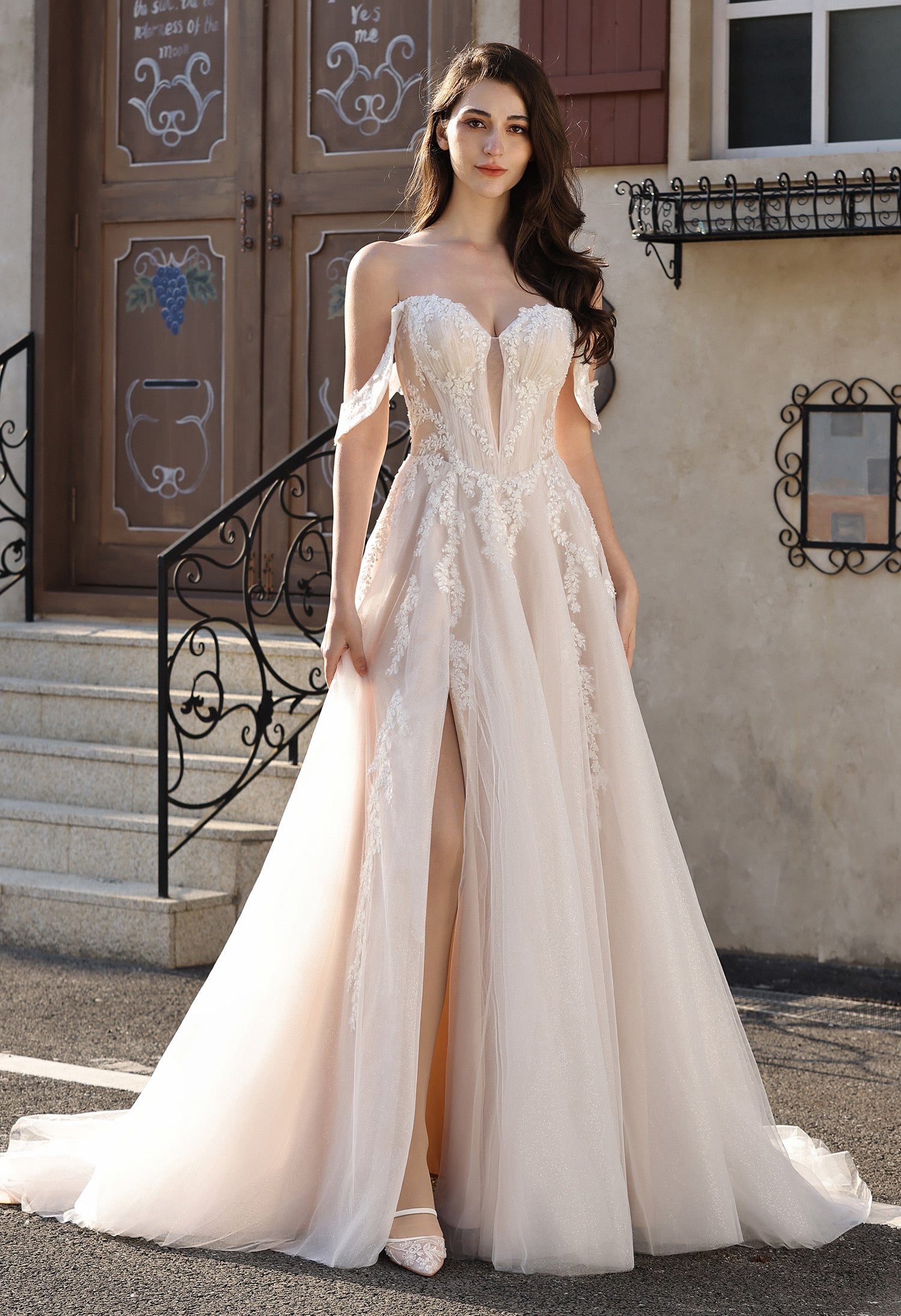 Romantic Off-the-Shoulder Sheer Lace Glitter Tulle Bridal Gown with Thigh Slit MMH2007