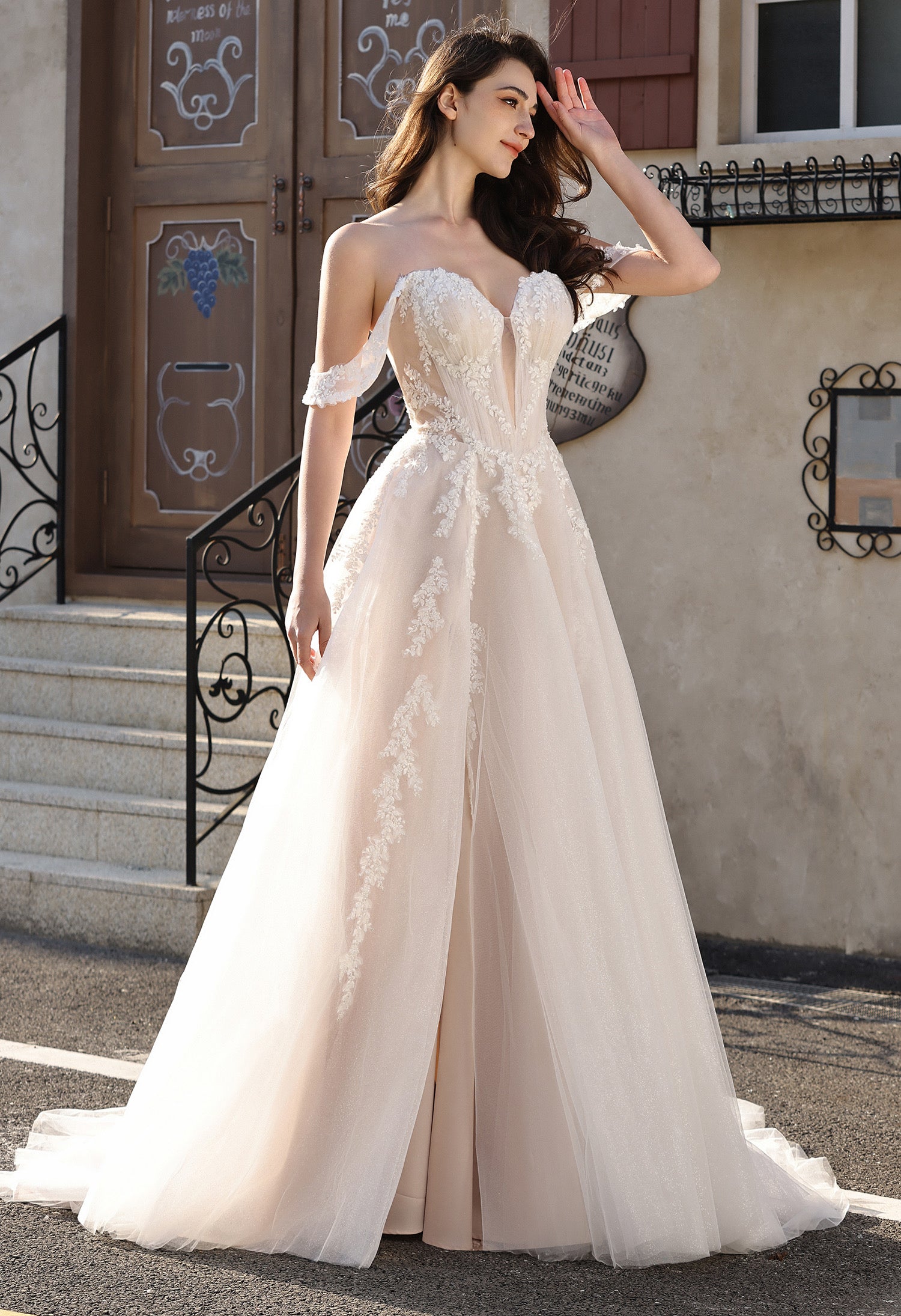 Romantic Off-the-Shoulder Sheer Lace Glitter Tulle Bridal Gown with Thigh Slit MMH2007