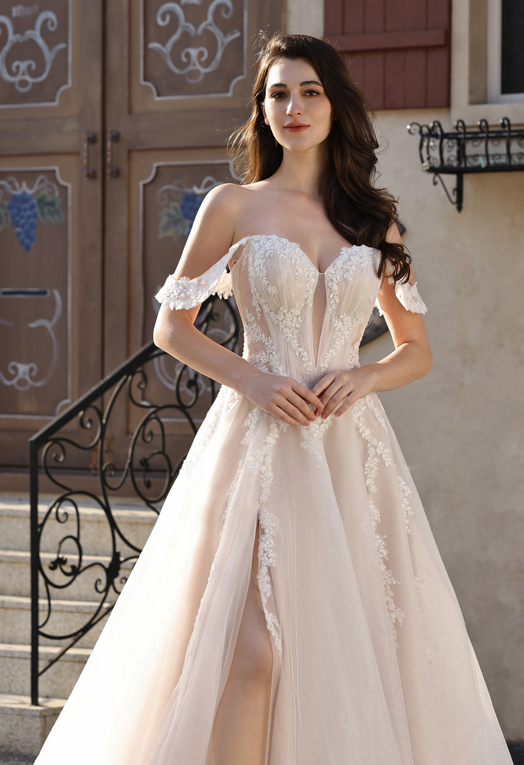 Romantic Off-the-Shoulder Sheer Lace Glitter Tulle Bridal Gown with Thigh Slit MMH2007