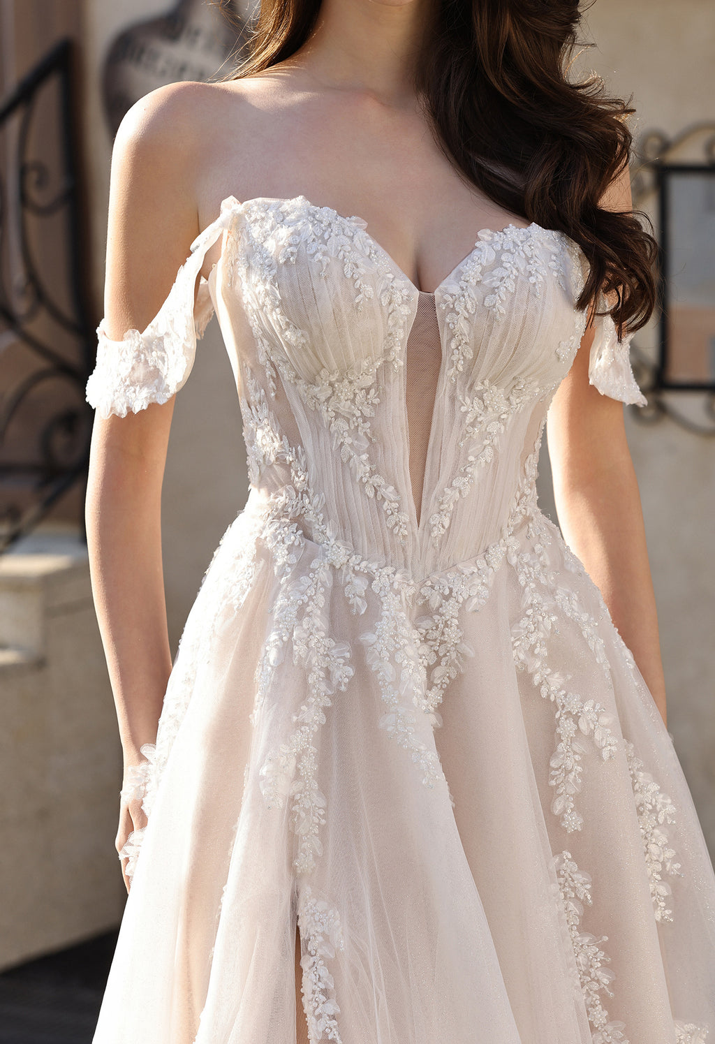 Romantic Off-the-Shoulder Sheer Lace Glitter Tulle Bridal Gown with Thigh Slit MMH2007