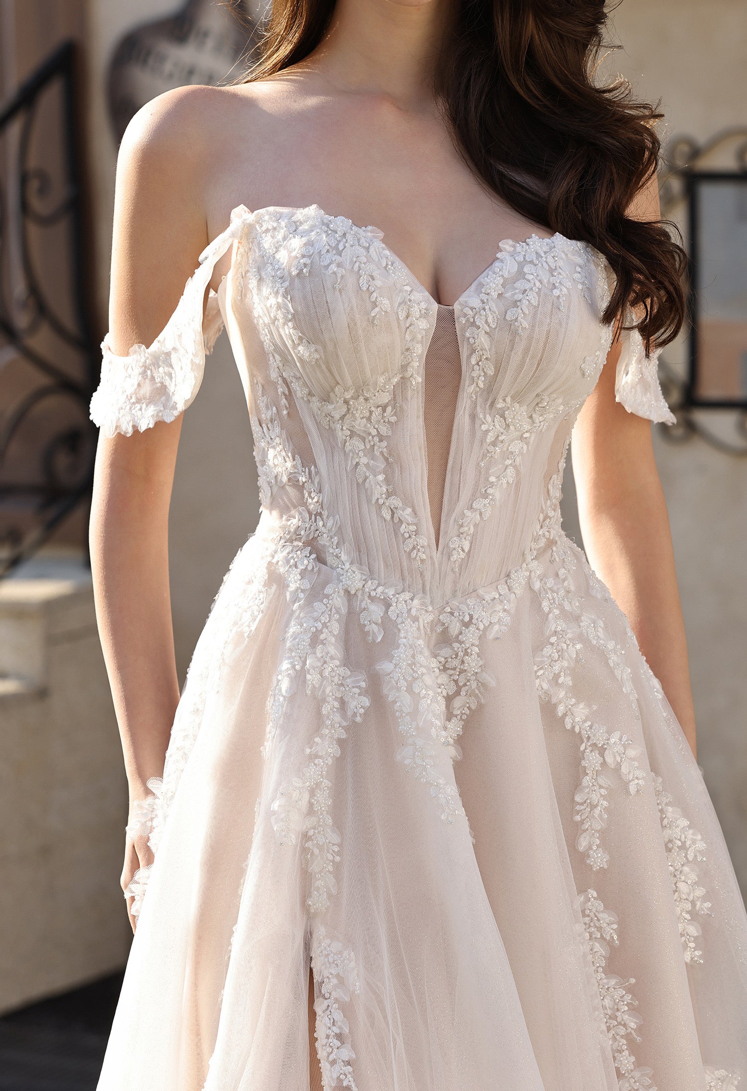 Romantic Off-the-Shoulder Sheer Lace Glitter Tulle Bridal Gown with Thigh Slit MMH2007
