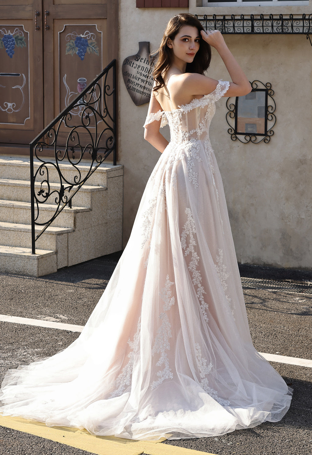 Romantic Off-the-Shoulder Sheer Lace Glitter Tulle Bridal Gown with Thigh Slit MMH2007