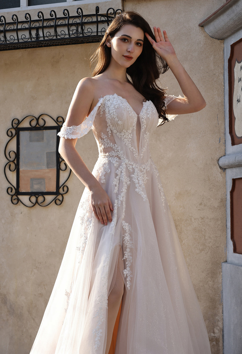 Romantic Off-the-Shoulder Sheer Lace Glitter Tulle Bridal Gown with Thigh Slit MMH2007