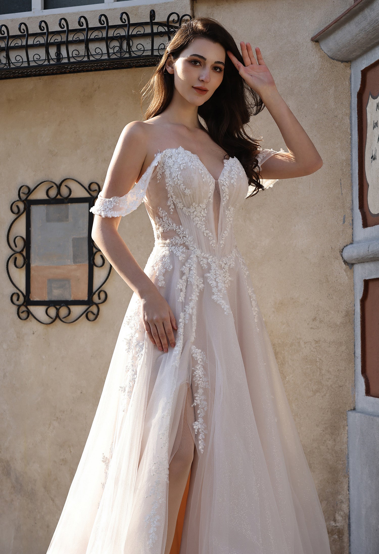 Romantic Off-the-Shoulder Sheer Lace Glitter Tulle Bridal Gown with Thigh Slit MMH2007