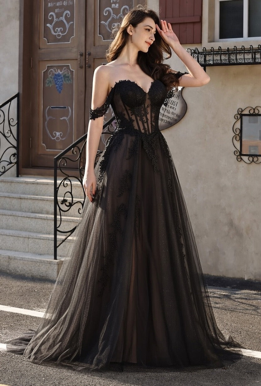 Romantic Off-the-Shoulder Sheer Lace Glitter Tulle Bridal Gown with Thigh Slit MMH2007