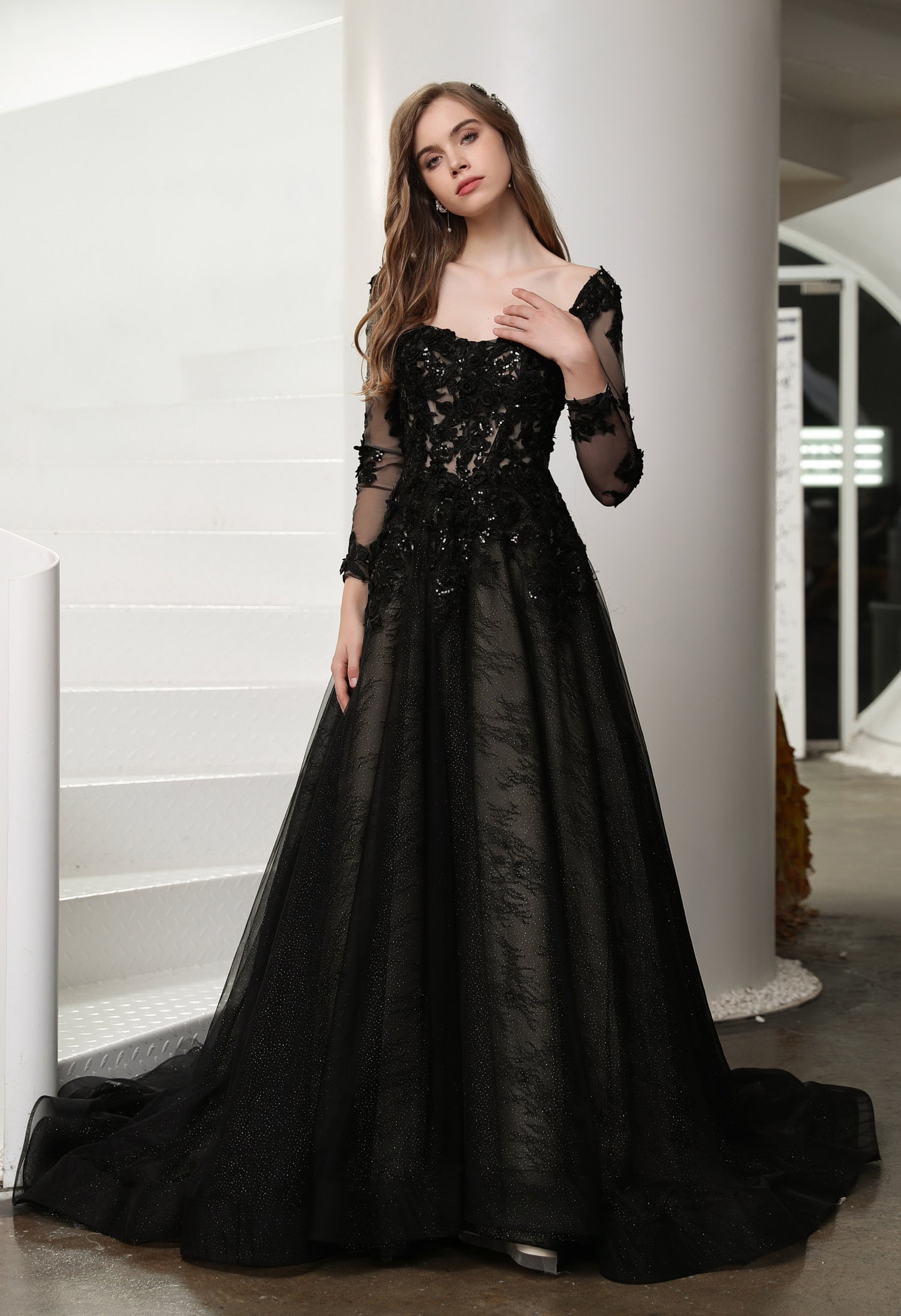 Black Illusion Lace Detachable Long Sleeves Wedding Dress MMH2006