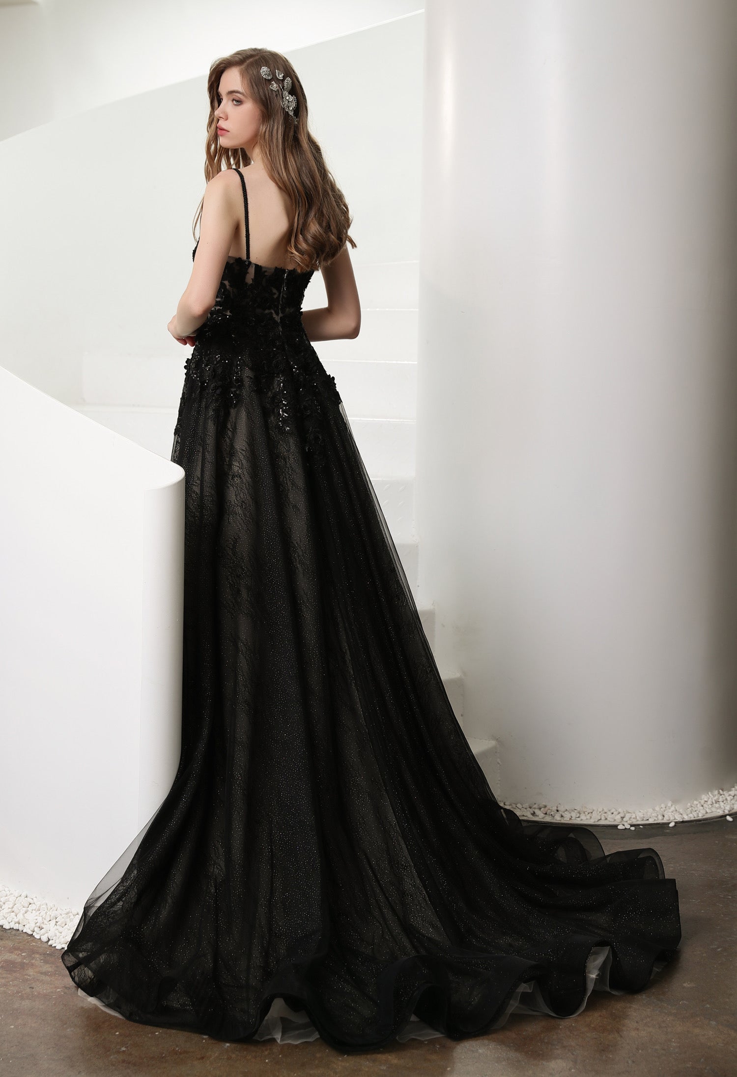 Black Illusion Lace Detachable Long Sleeves Wedding Dress MMH2006