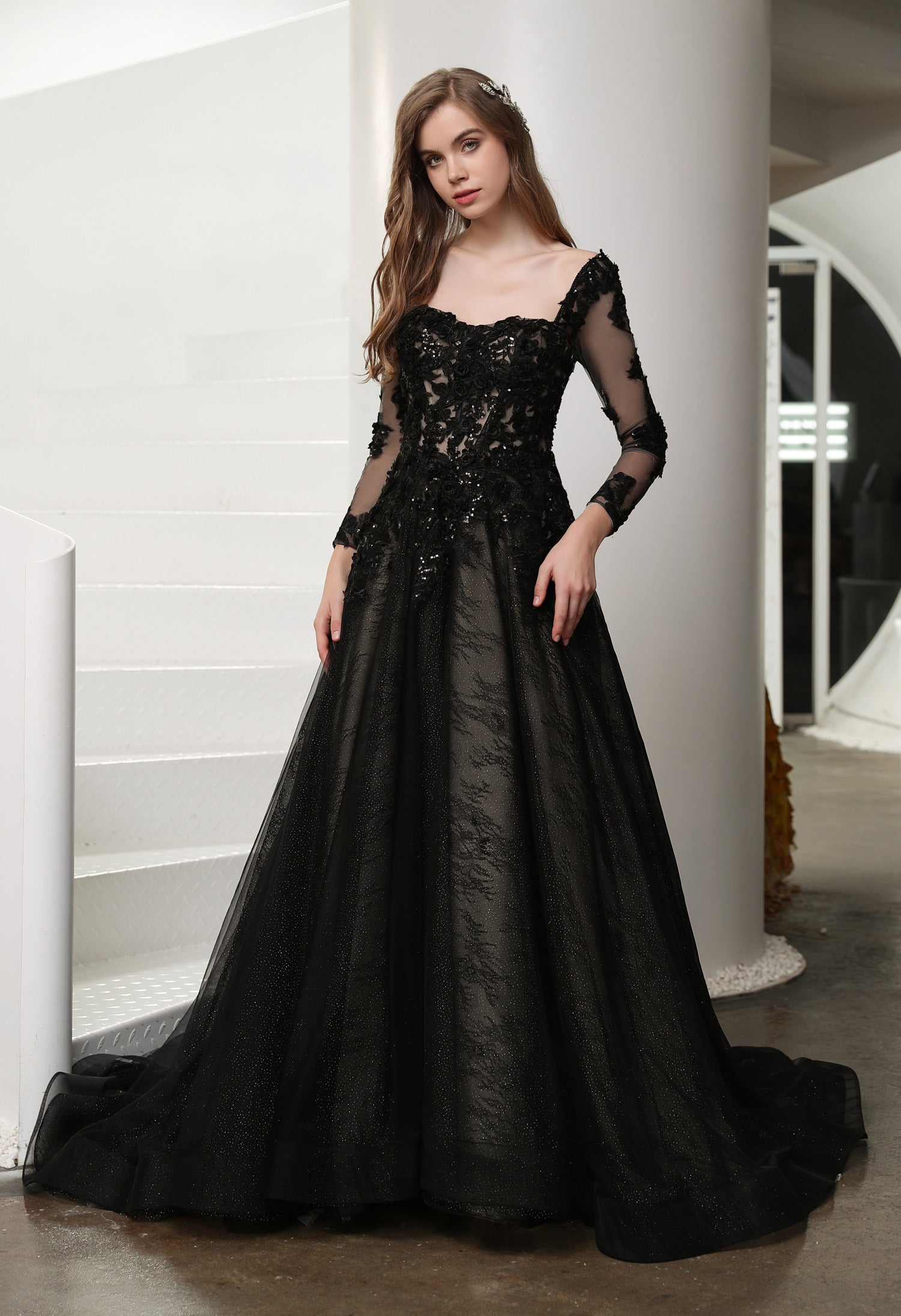 Black Illusion Lace Detachable Long Sleeves Wedding Dress MMH2006