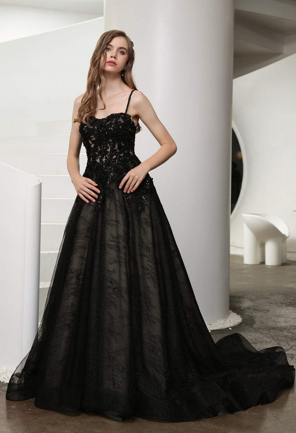 Black Illusion Lace Detachable Long Sleeves Wedding Dress MMH2006