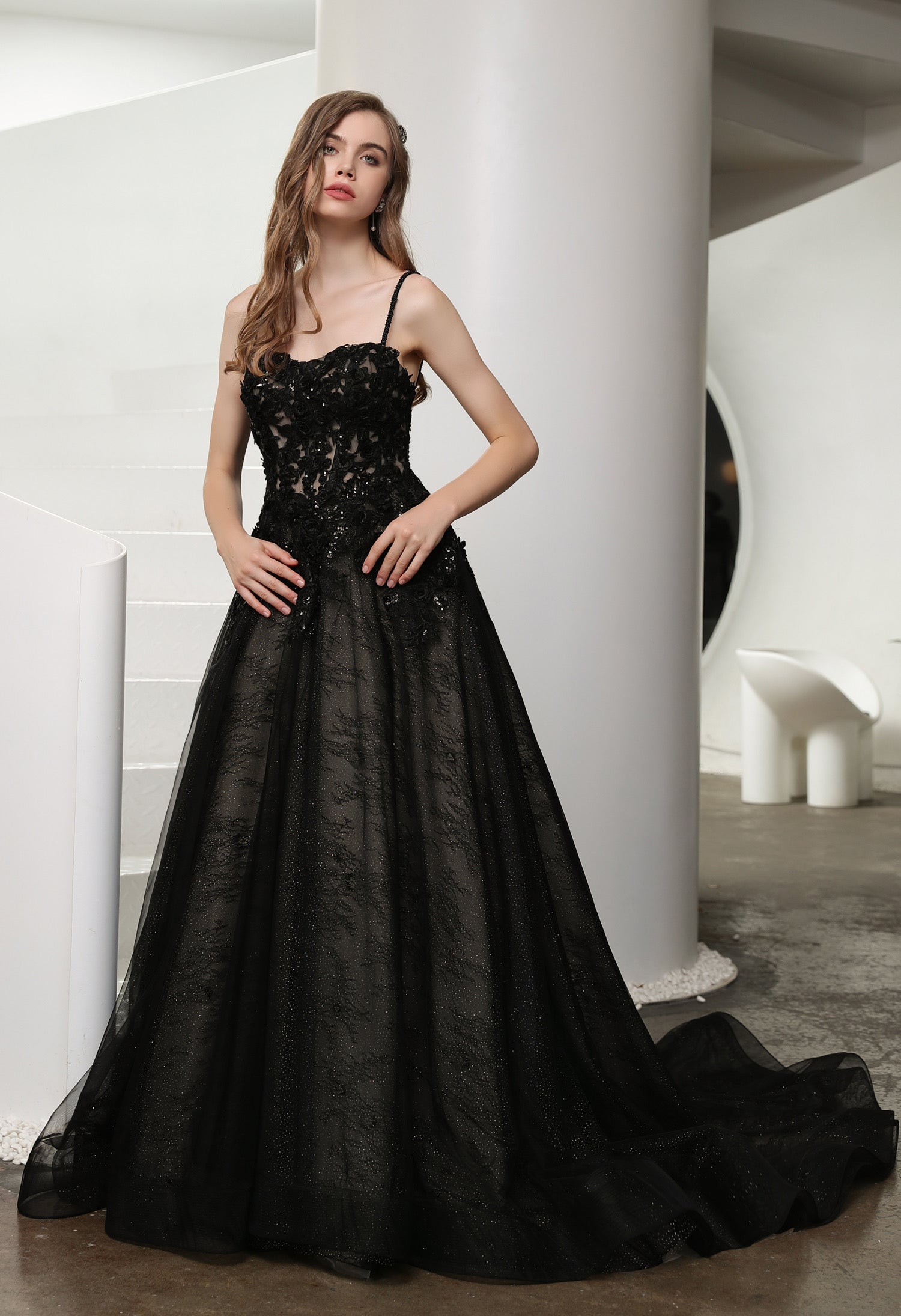 Black Illusion Lace Detachable Long Sleeves Wedding Dress MMH2006