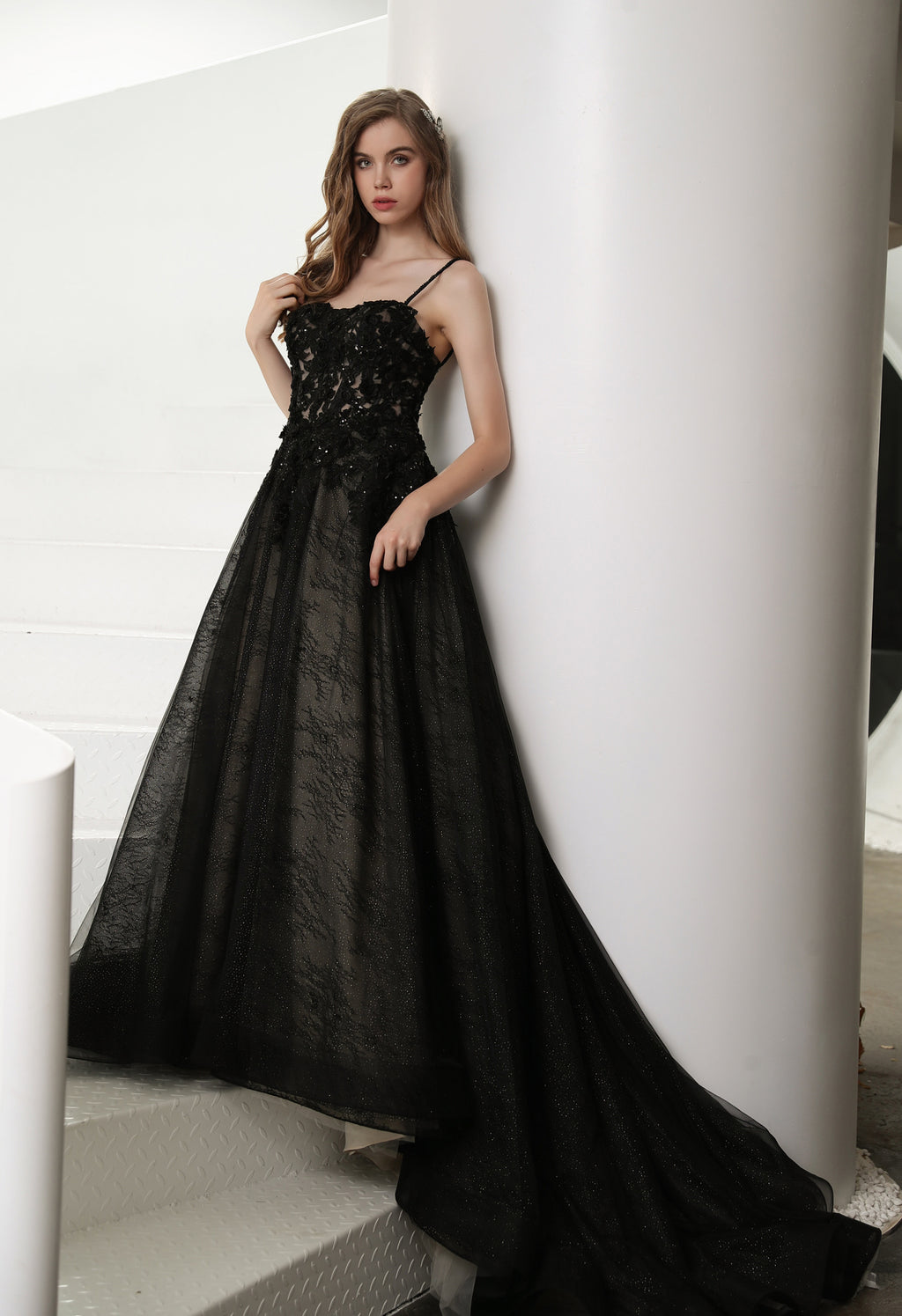 Black Illusion Lace Detachable Long Sleeves Wedding Dress MMH2006