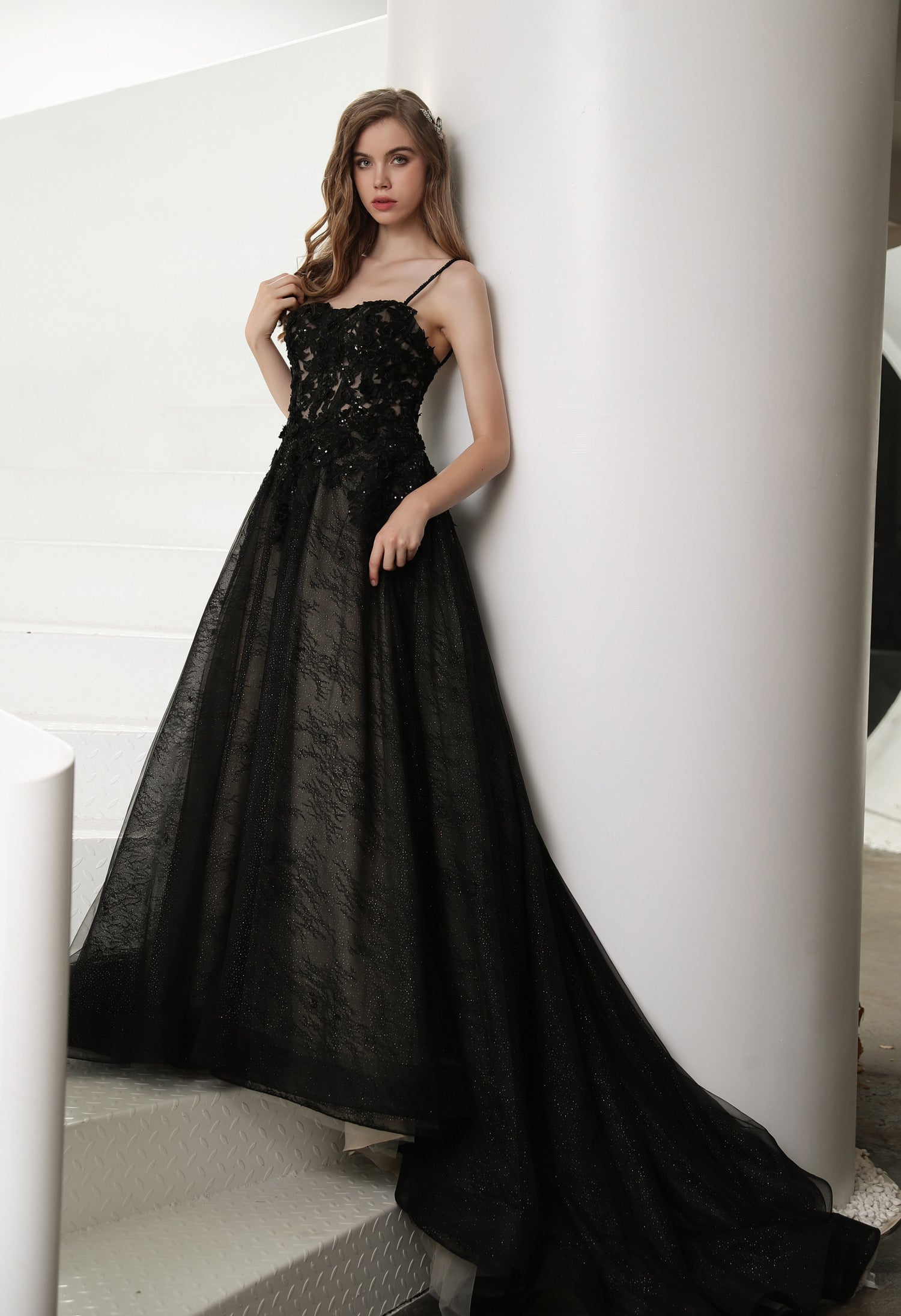 Black Illusion Lace Detachable Long Sleeves Wedding Dress MMH2006