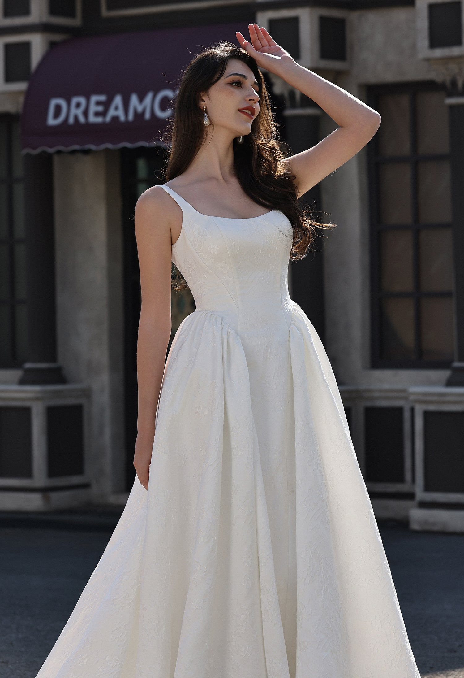 Dignified Square Neckline Subtle Textured Basque Jacquard Satin Ballgown MMH2025