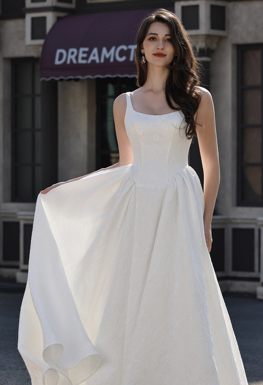 Dignified Square Neckline Subtle Textured Basque Jacquard Satin Ballgown MMH2025