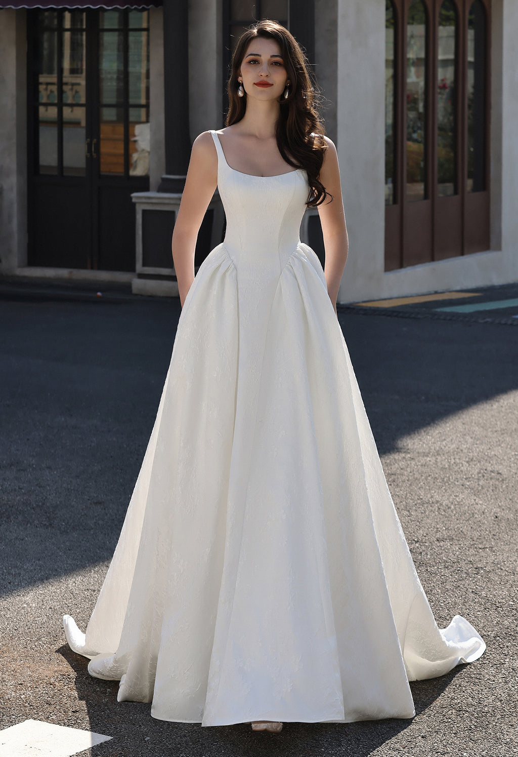 Dignified Square Neckline Subtle Textured Basque Jacquard Satin Ballgown MMH2025